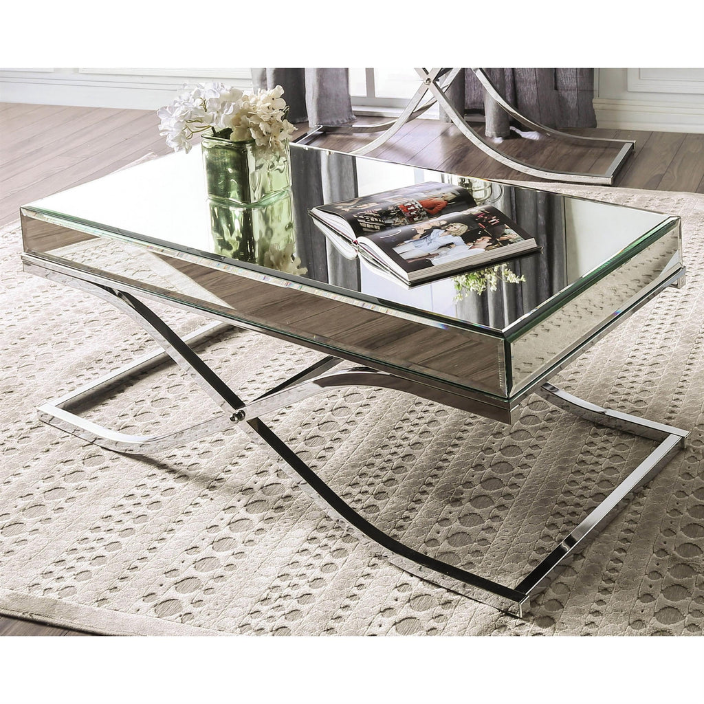 Furniture of America Luxy Glam Mirrored Top Metal 48 in. Rectangle Coffee Table for Living Room, Bedroom, Chrome Silver
