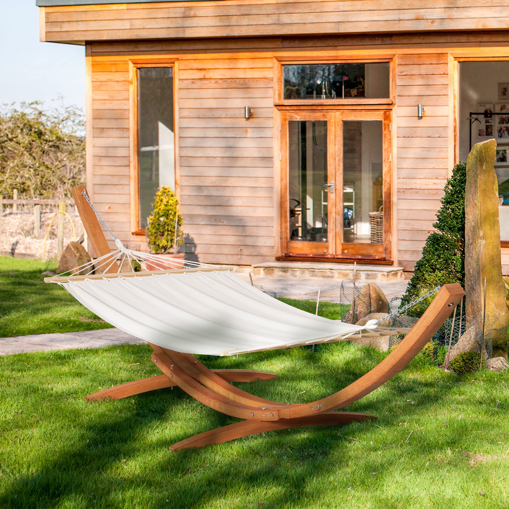 Outdoor Hammock with Stand, Extra Large 12.8' Heavy Duty Wooden Frame, Boho Style Nap Bed, Natural Cotton, 330 lbs Capacity, White