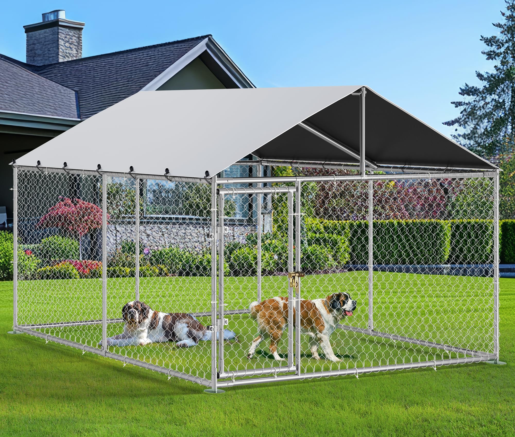 YITAHOME 10'x10' Outdoor Dog Kennel with Metal Dog Gate, Outdoor Dog Pens with Roof, Heavy Duty Dog Kennel for Backyard Farm Use