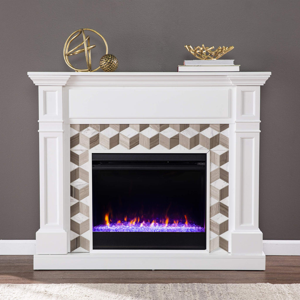 SEI Furniture Darvingmore Color Changing Fireplace w/Marble Surround, White/Brown