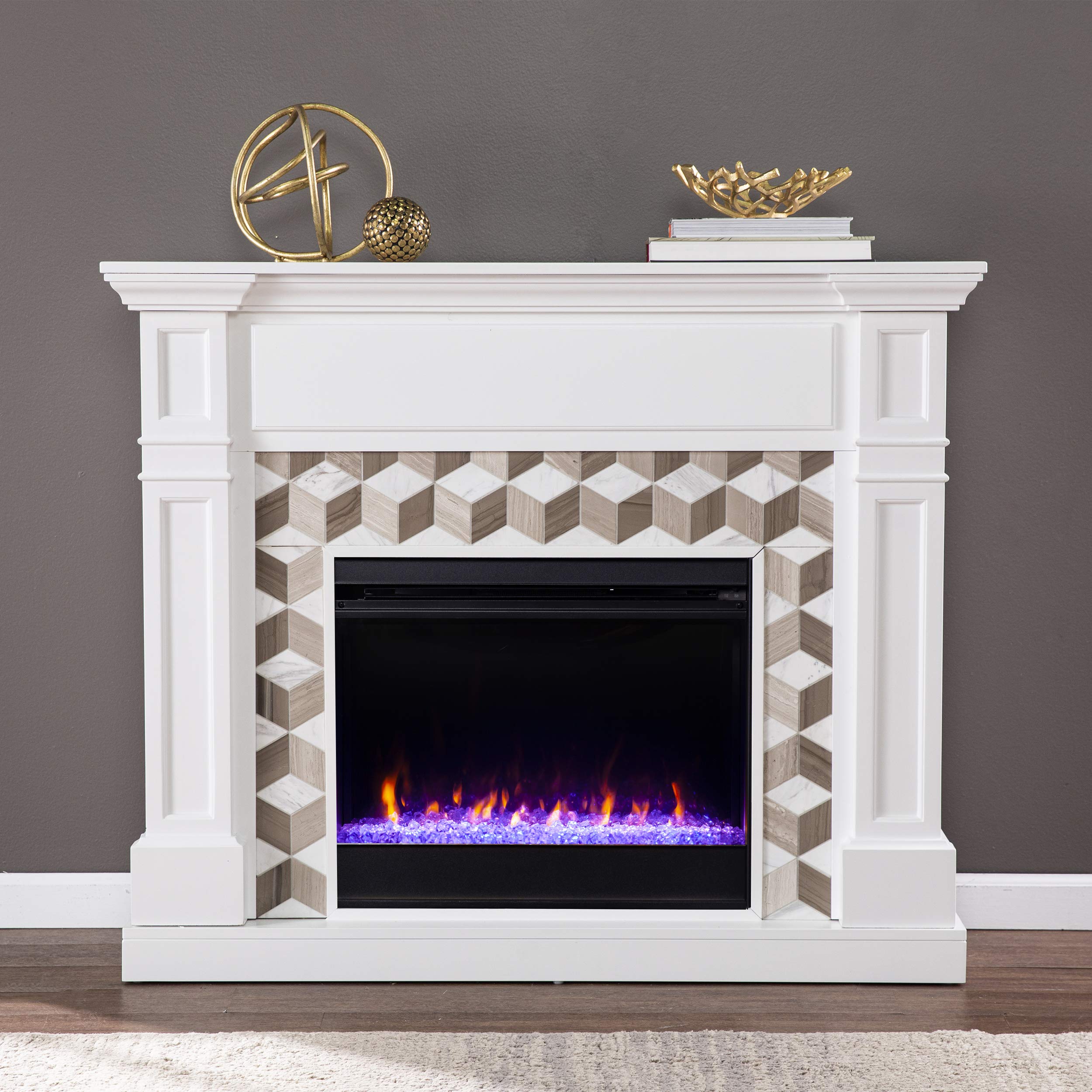 SEI Furniture Darvingmore Color Changing Fireplace w/Marble Surround, White/Brown