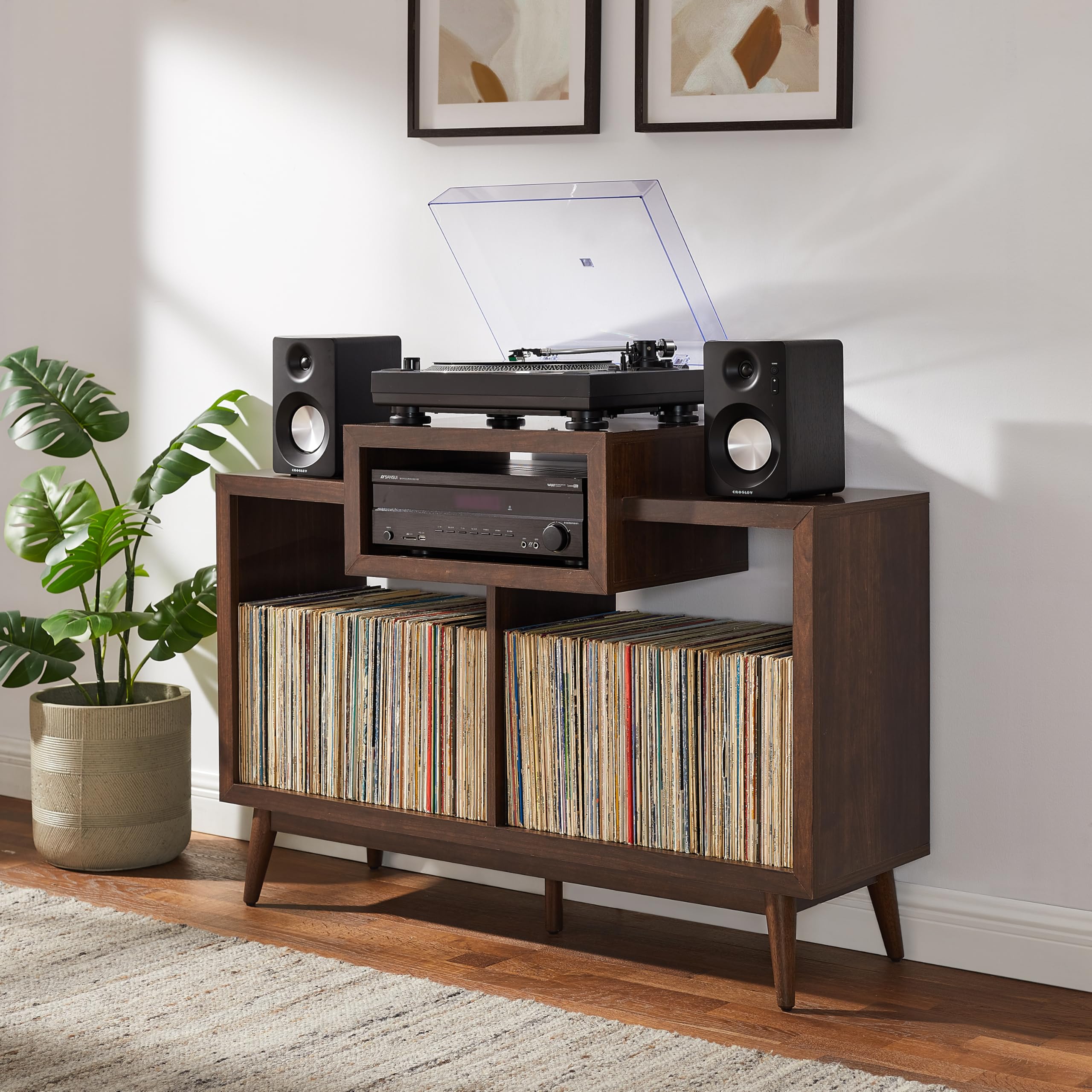Crosley Furniture Nashville Mid Century Modern Console Record Player Stand, Stores Up to 220 Vinyl Records, Medium, Brown