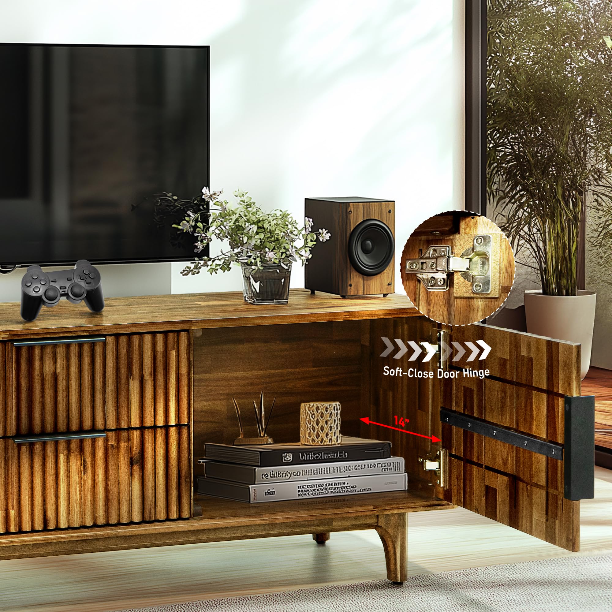 MEGSU 54" Bosk Fluted Acacia Wood TV Stand for TVs up to 60"–Mid-Century Modern Media Console with Storage, Soft-Close Drawers & Doors TV Stands for Living Room, Bedroom, 250 lbs Capacity, Walnut