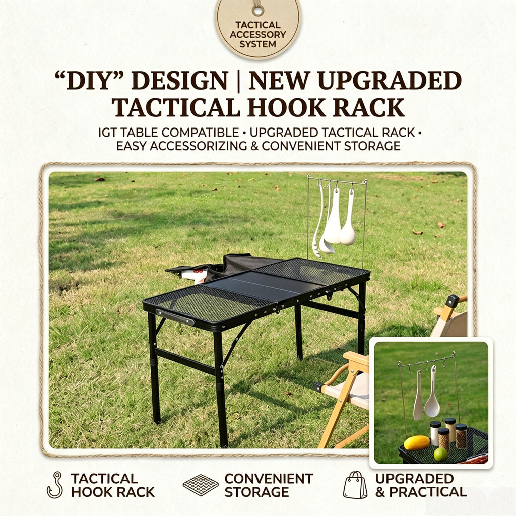 Portable Folding Aluminum Camping Table — IGT-Compatible Modular Camp Kitchen Table, Carbon Steel Mesh Top with Tactical Hooks & Carry Bag, for Camping Picnic Tailgating BBQ Outdoor Cooking