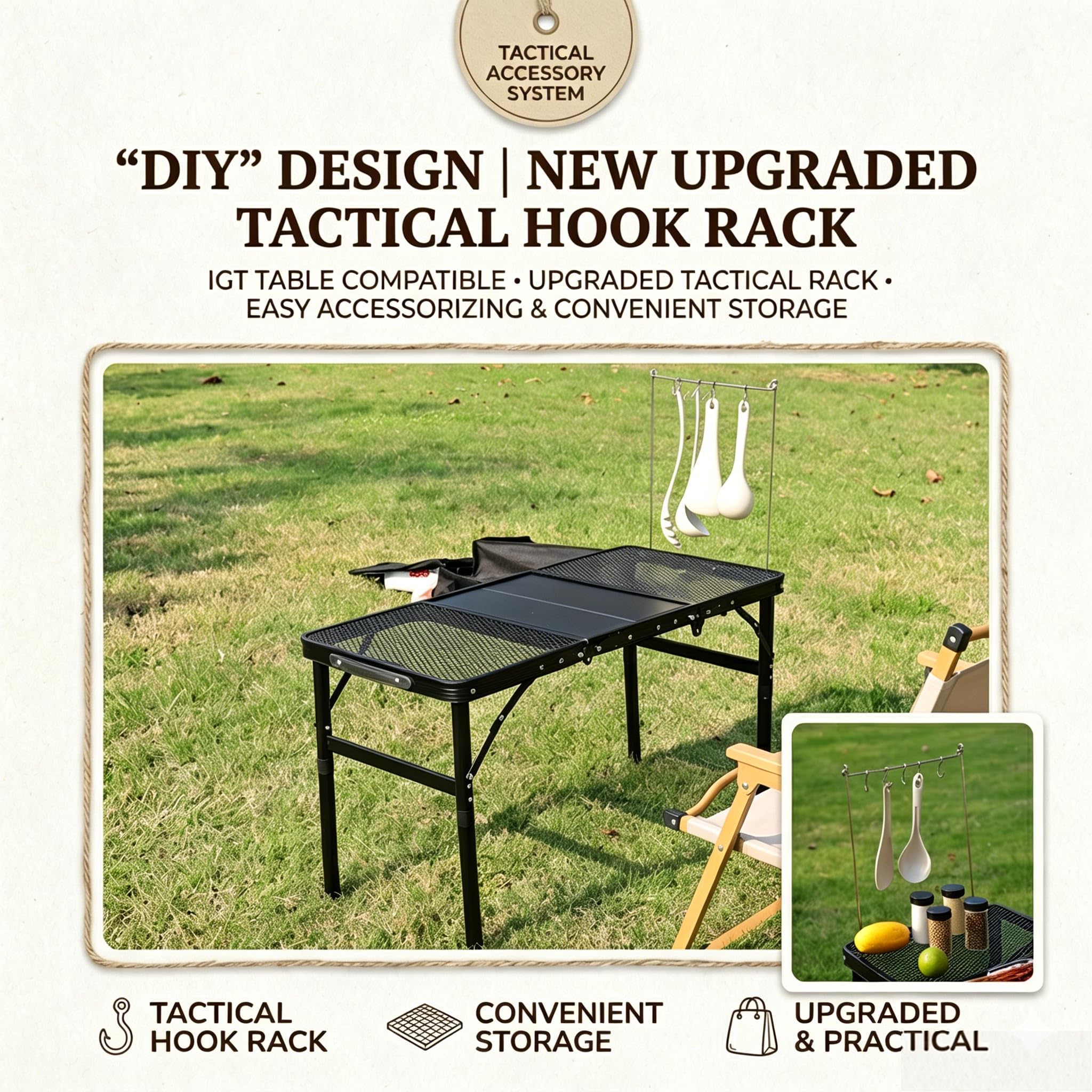 Portable Folding Aluminum Camping Table — IGT-Compatible Modular Camp Kitchen Table, Carbon Steel Mesh Top with Tactical Hooks & Carry Bag, for Camping Picnic Tailgating BBQ Outdoor Cooking