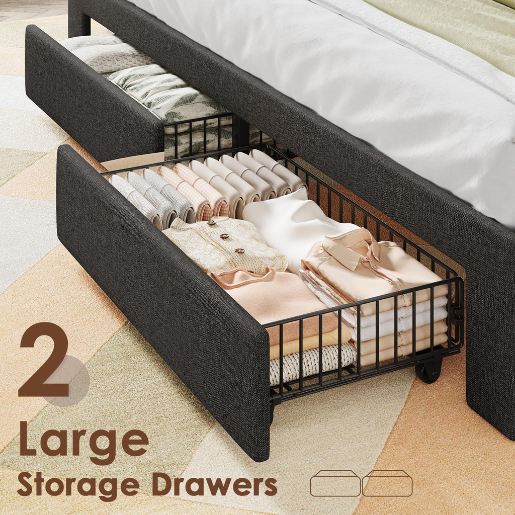 Driftalia King Size Bed Frame with 2-Tier Storage Headboard, Upholstered King Bed Frame with 2 Drawers, Charging Station and LED Lights, No Box Spring Needed, Easy Assembly - Dark Grey