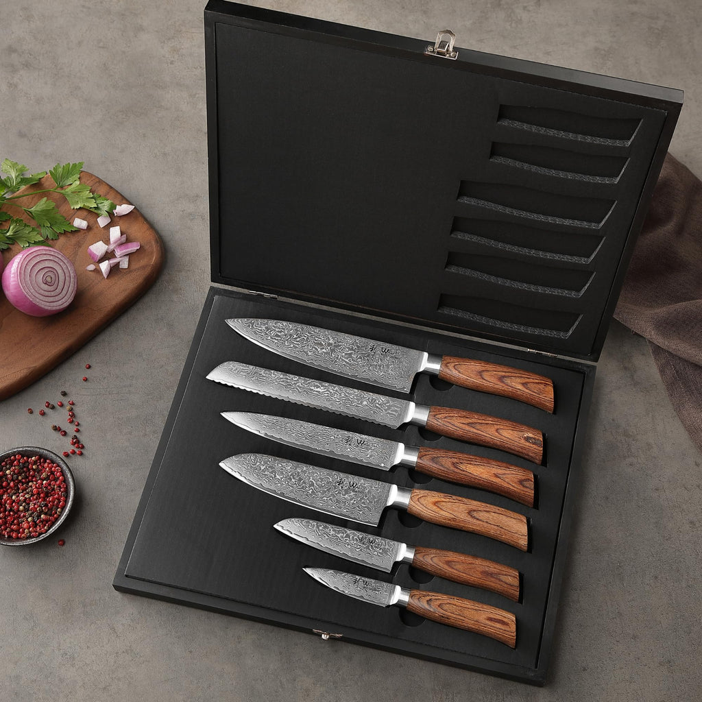 Wakoli EDIB Pro 6-Piece Damascus Knife Set – Professional Chef Knives Set with VG10 Core Blades, 67-Layer Damascus Steel and Ergonomic Pakkawood Handles – Premium Kitchen Knives in Elegant Gift Box