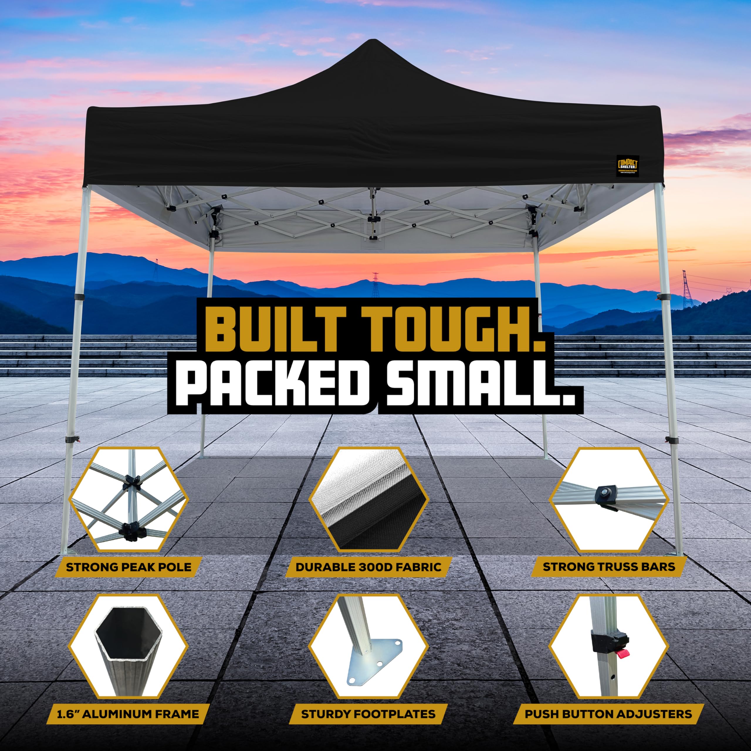 Compact Shelter - 10x10 Heavy Duty Pop Up Canopy - Easy Setup, Commercial Grade Aluminum Frame, 42” Folded Frame Height, UPF 50+, Portable Tent for Beach, Events, Camping, Roller Bag (White)