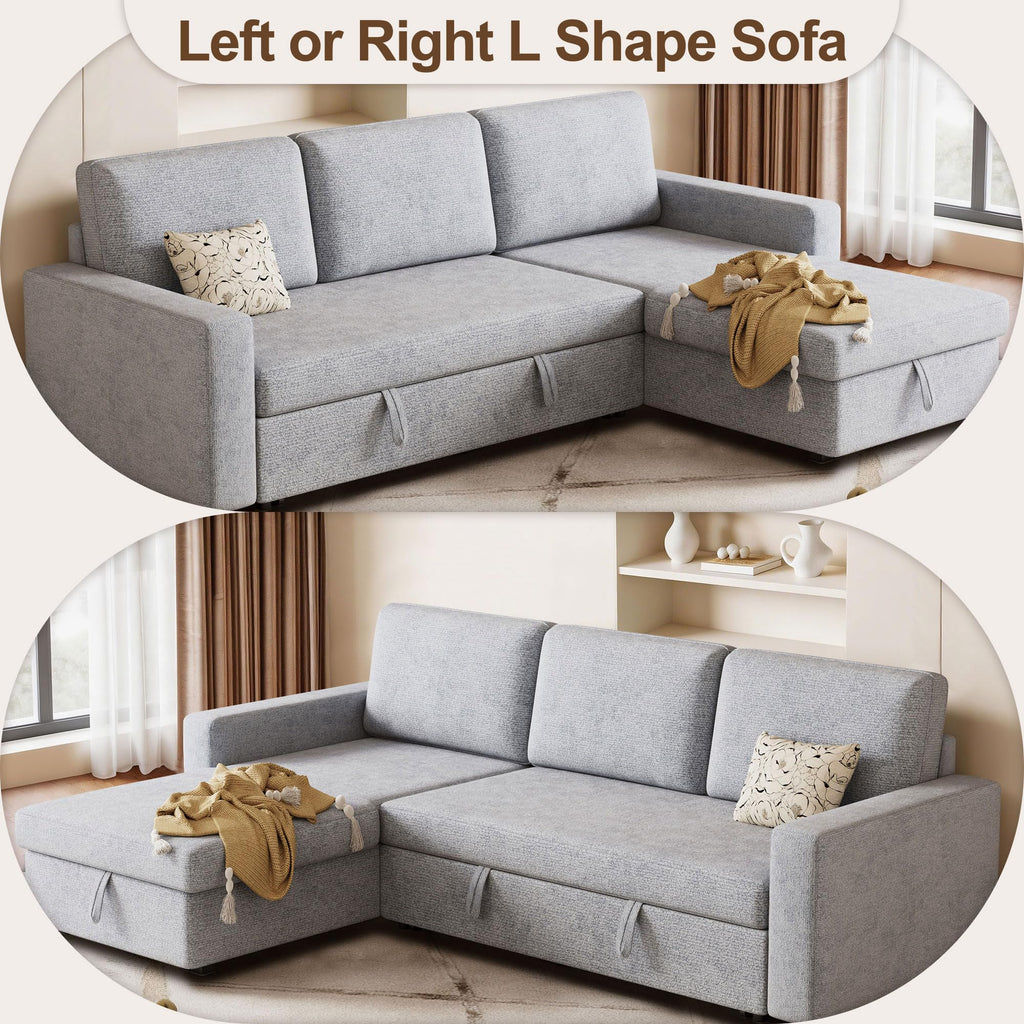 FAVSH 81.5" Convertible L Shaped Sleeper Sofa, 3-Seat Pull Out Sectional Couch with Storage Chaise & Removable Cushions, Chenille Fabric for Small Living Room Apartment, Light Gray