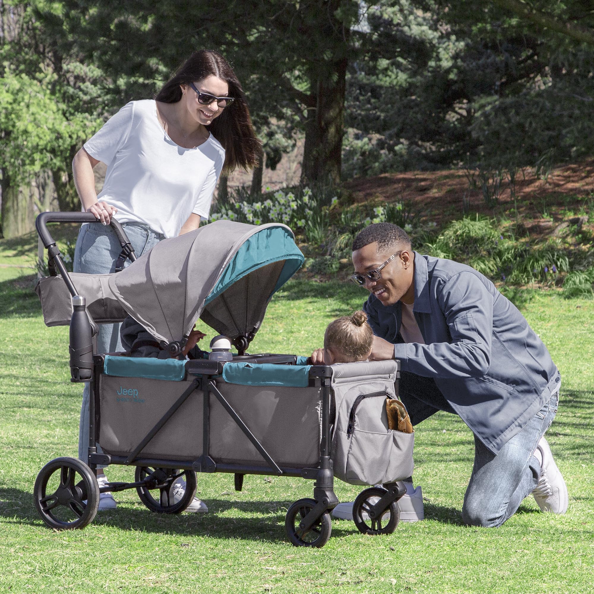 Jeep Sport All-Terrain Stroller Wagon by Delta Children - Includes Canopy, Parent Organizer, Adjustable Handlebar, Snack Tray & Cup Holders, Grey/Blue Moon
