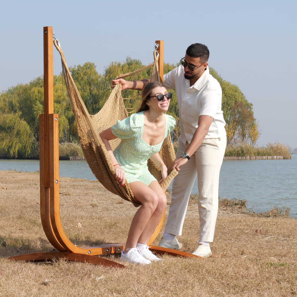 SANIWERKE® Hammock Chair with Stand, Caribbean Hammock Chair and Laminated Wooden Stand Combo, Sturdy Design, 400LBS Capacity, 70x50Inches, Jumbo Haven Lounger for Patio & Porch (Soft Tan)