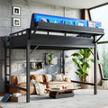 KEIKI Queen Size Metal Loft Bed Frame with Storage Shelves & Pegboard, Modern Loft Bed with USB Ports and LED Lights for Adults Studio Apartments Home Offices & Multifunction Bedrooms