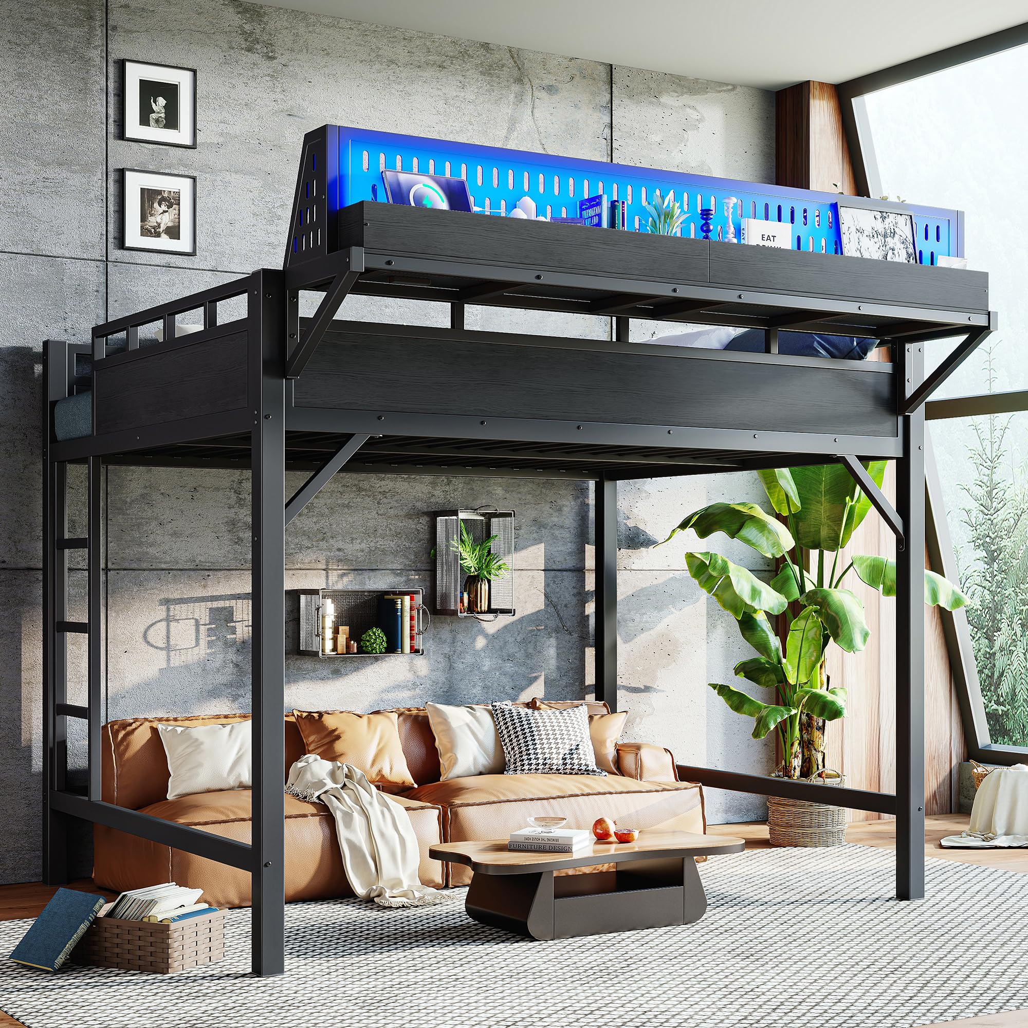 KEIKI Queen Size Metal Loft Bed Frame with Storage Shelves & Pegboard, Modern Loft Bed with USB Ports and LED Lights for Adults Studio Apartments Home Offices & Multifunction Bedrooms