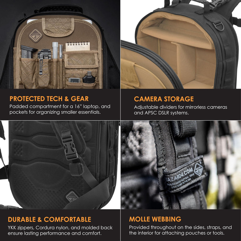 HAZARD 4 Pillbox™ Tactical Backpack – Heavy Duty Military Survival Pack for Men and Women – EDC Rucksack for Laptop, Motorcycle, Outdoor, Bug Out, Gym, Range, Travel, and Camping – 29.5 Liter, Black