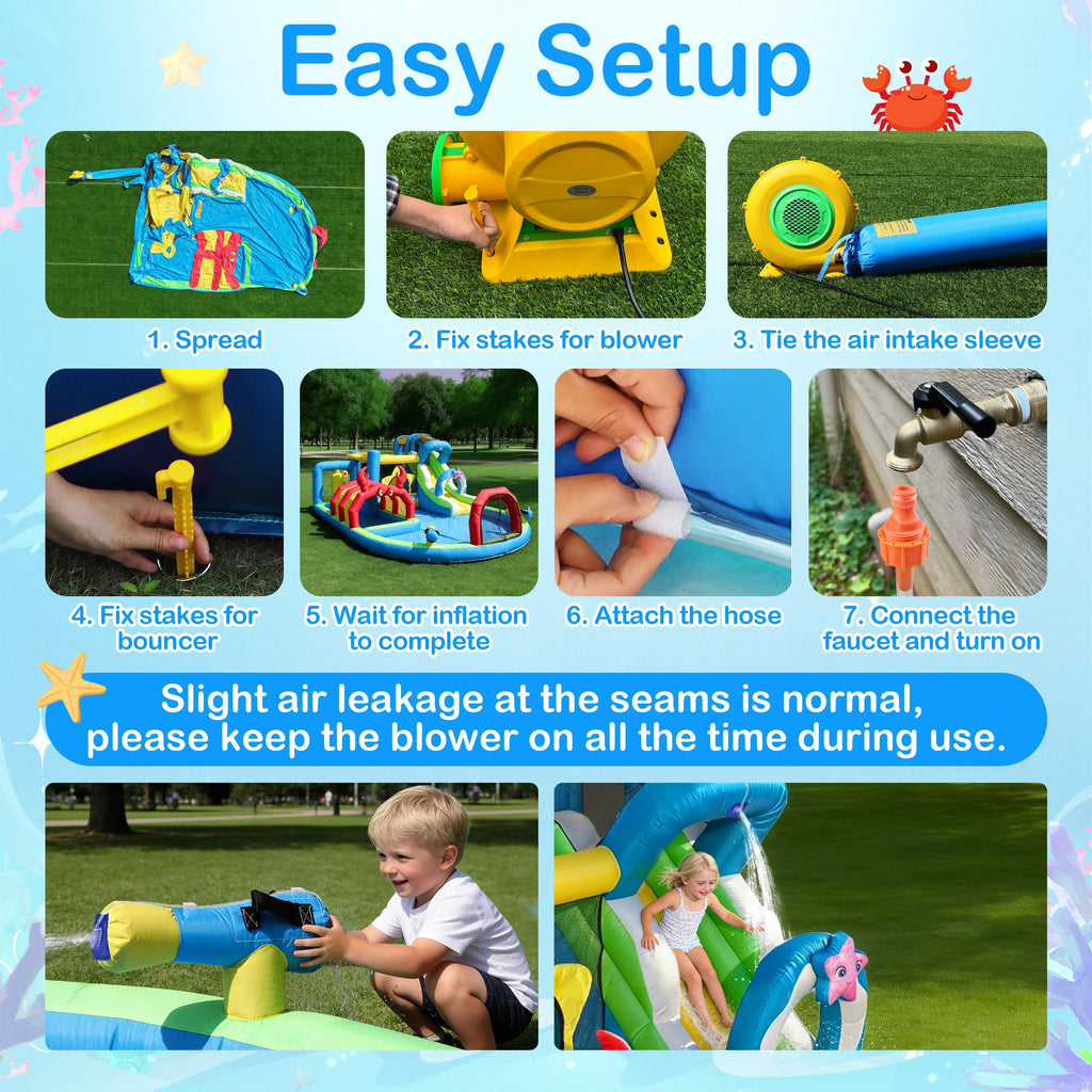 TOAOB Inflatable Water Slide for Kids 3-12: 8 in 1 Ocean-Themed Blow Up Backyard Water Park with 550W Blower for Outdoor Birthday Party