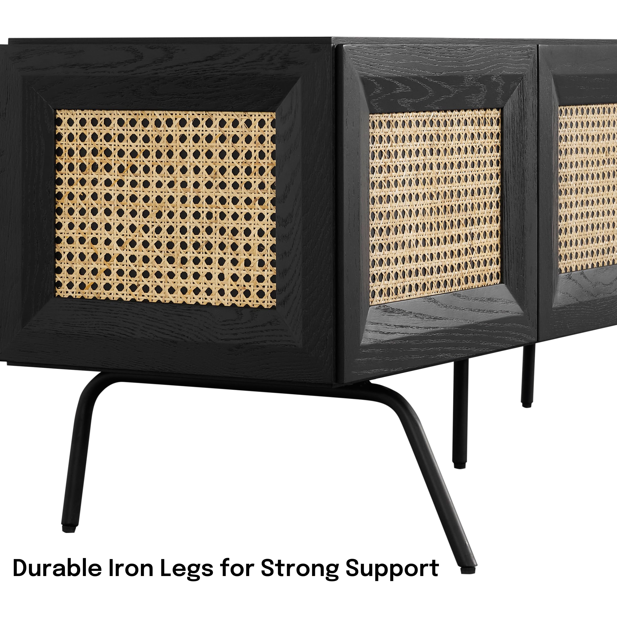 NTC Mossic TV Media Cabinet with 3 Doors for TVs, Entertainment Center with Natural Rattan, Metal Legs, Modern Storage Console for Living Room and Bedroom, Effortless Assembly, Burnt Black