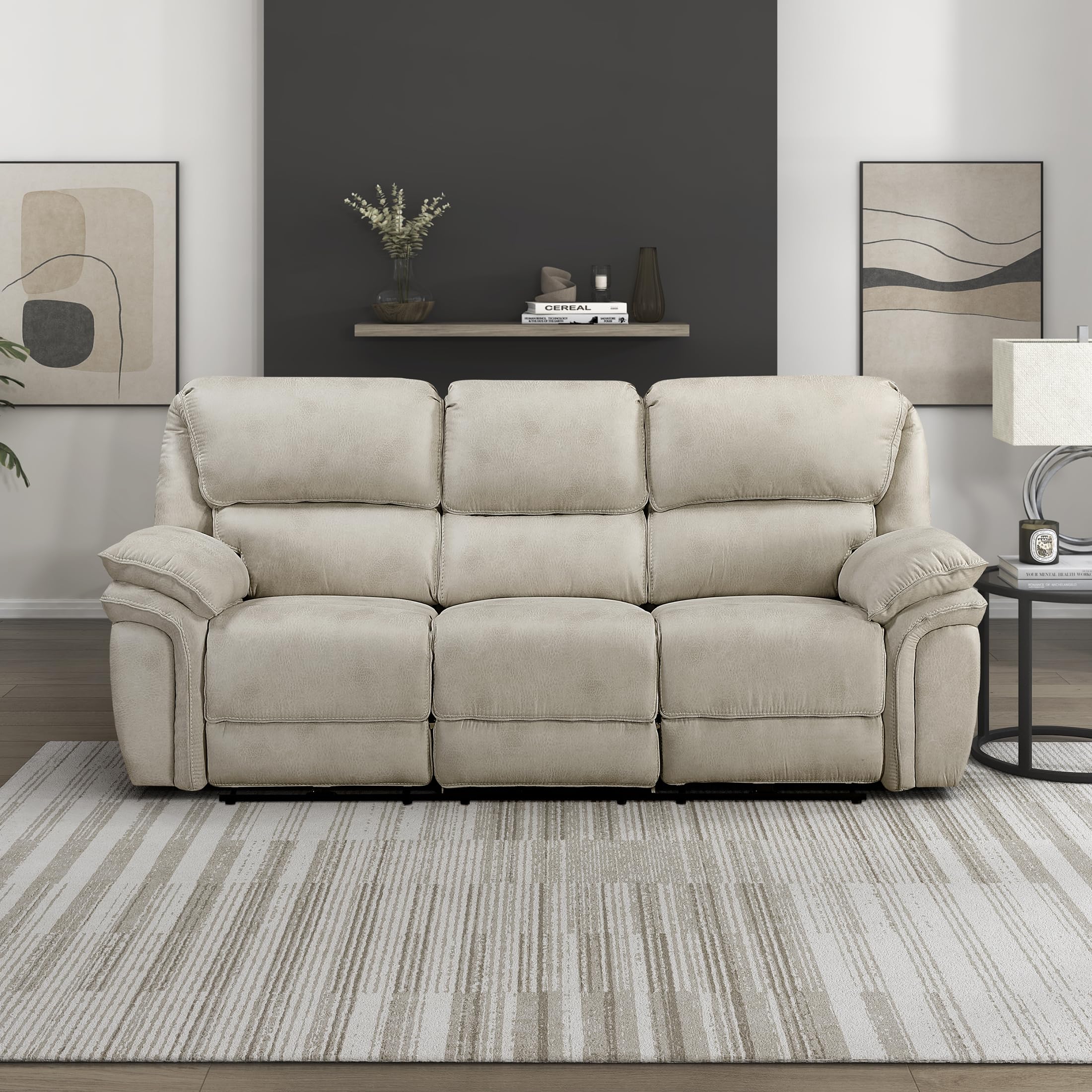 Lexicon Power Double Reclining Sofa, Polished Microfiber Wall Hugger Sofa Recliner for Living Room Comfort, Charging Port, Pillow Top Arms, Attached Cushions, Sand