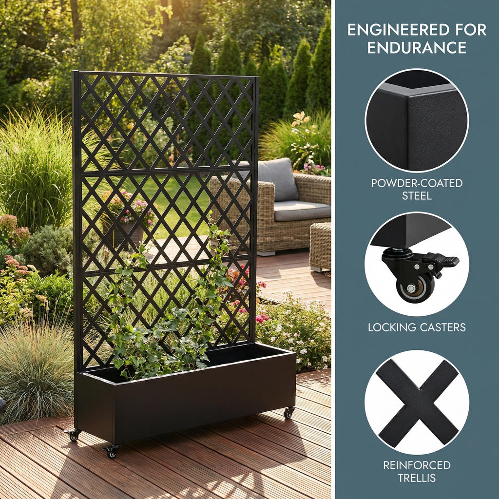 Metal Planter Box with Trellis on Wheels – Large Raised Garden Bed with Privacy Screen & Drainage Holes for Climbing Plants, Vegetables & Vines, Proof Rolling Flower Box for Patio Balcony Backyard