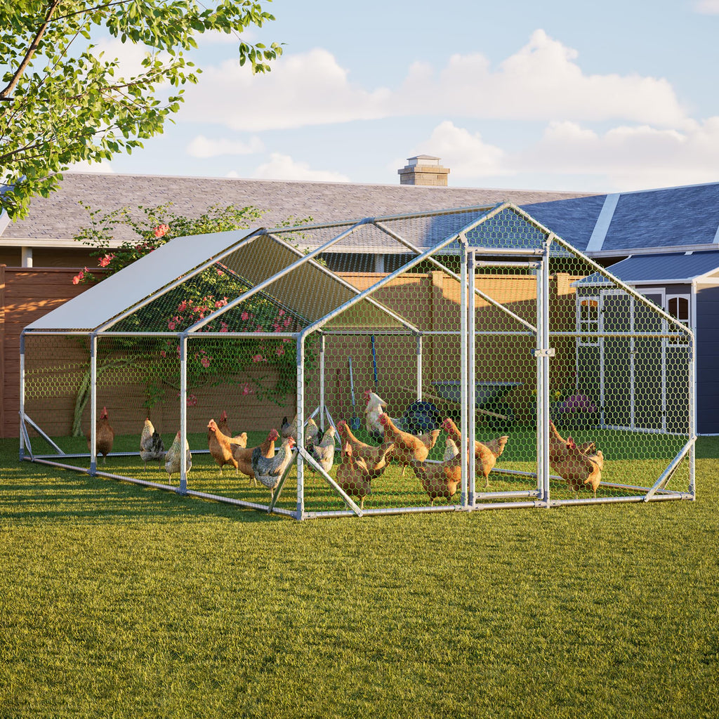 YOPTO Chicken Coop,10x20x6.56ft Large Metal Chicken Coop with Run,Walk in Chicken Run W/Removable Waterproof & Anti-Ultraviolet Cover,Chicken Pen W/Security Lock,Hen House Enclosure for Farm,Yard