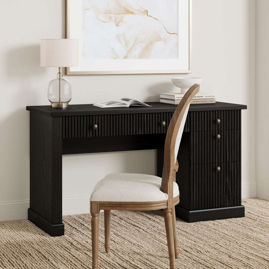 GAOMON 54'' Fluted Home Office Desk with Storage, Modern Executive Desk with Charging Station, Wooden Computer Desk with Drawers for Storage File, Writing Desk for Bedroom (Rustic Black)