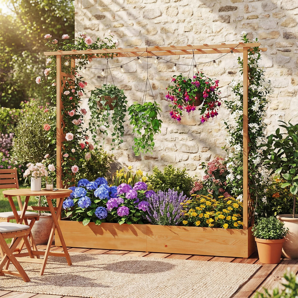 HAPPYGRILL Raised Garden Bed with Trellis, Freestanding Wood Planter Box w/Hanging Roof & Drainage Holes for Vine, Climbing Plants, Flowers, Outdoor Planter with Trellis for Garden, Patio, Yard (2)