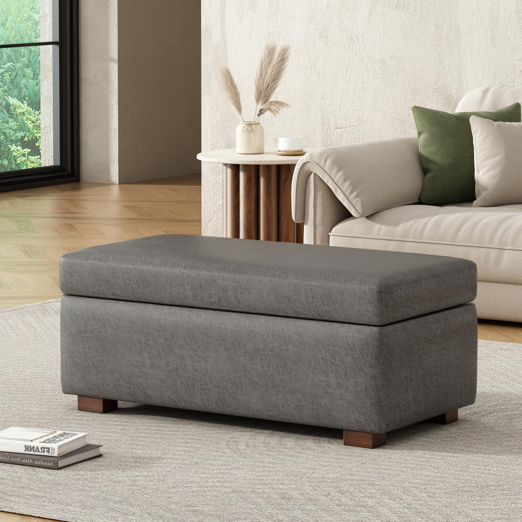 Christopher Knight Home Kaisa Rectangle Storage Ottoman, Wooden Frame Ottoman Bench with Large Seat for Living Room/Entryway, Comfy Seating Experience with Dense Foam Padding, Dark Grey