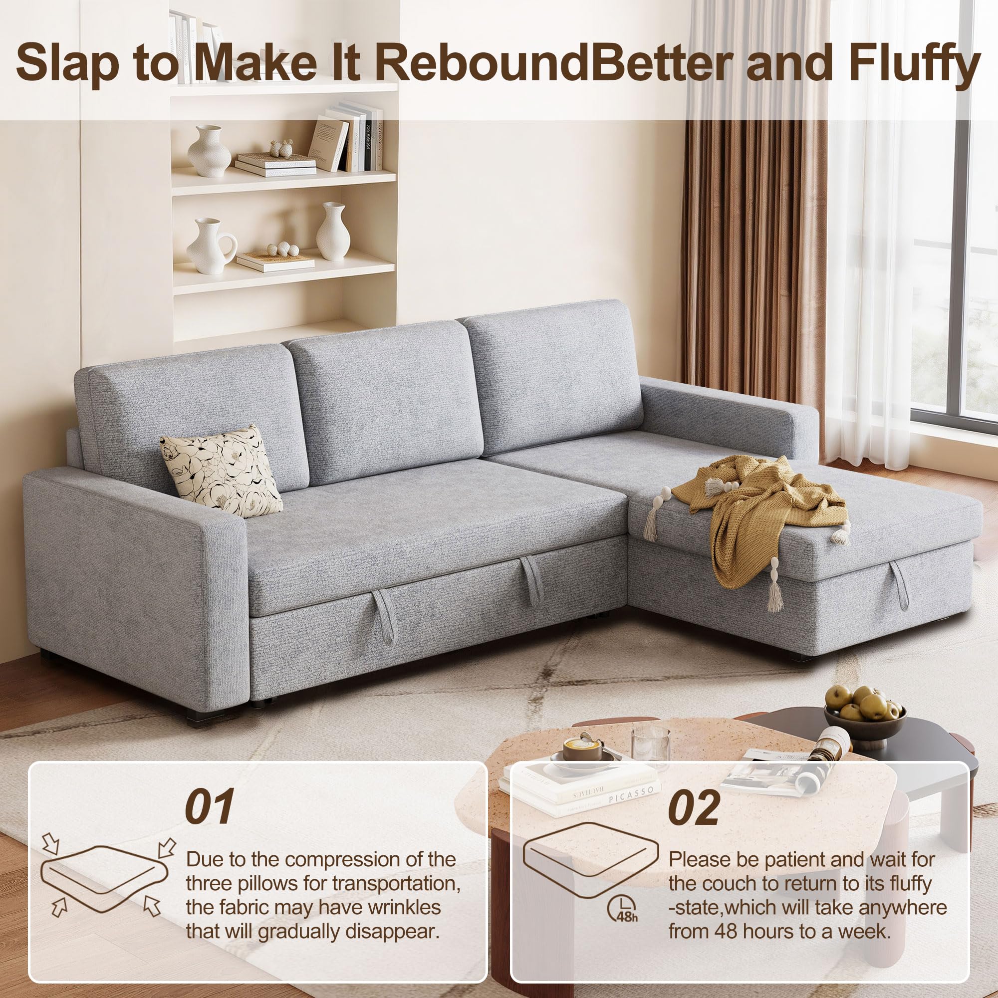 FAVSH 81.5" Convertible L Shaped Sleeper Sofa, 3-Seat Pull Out Sectional Couch with Storage Chaise & Removable Cushions, Chenille Fabric for Small Living Room Apartment, Light Gray