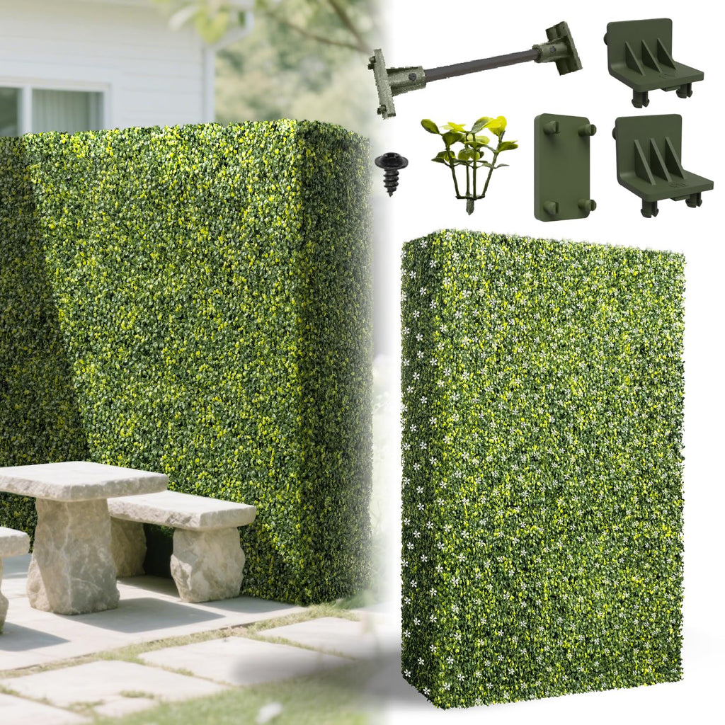 AwnPro 36Wx54Hx12D inches Artificial Boxwood Hedge Wall | Artificial Plant Waterproof Durable Partition Wall | Partition Privacy Panel | Garden Office Partition Wall | (White Flower Decoration)