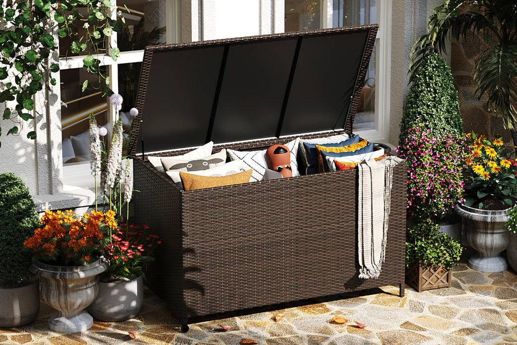 MilleLoom 185 Gallon Outdoor Storage Box with Wheels - Large Wicker Rattan Deck Box for Patio Cushions, Garden Tools, Pool Floats & Pillows, All-Weather Patio Furniture Storage, Brown