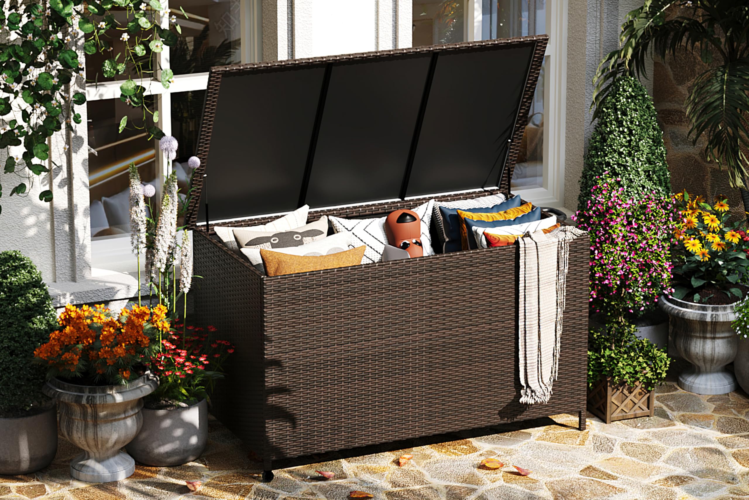 MilleLoom 185 Gallon Outdoor Storage Box with Wheels - Large Wicker Rattan Deck Box for Patio Cushions, Garden Tools, Pool Floats & Pillows, All-Weather Patio Furniture Storage, Brown