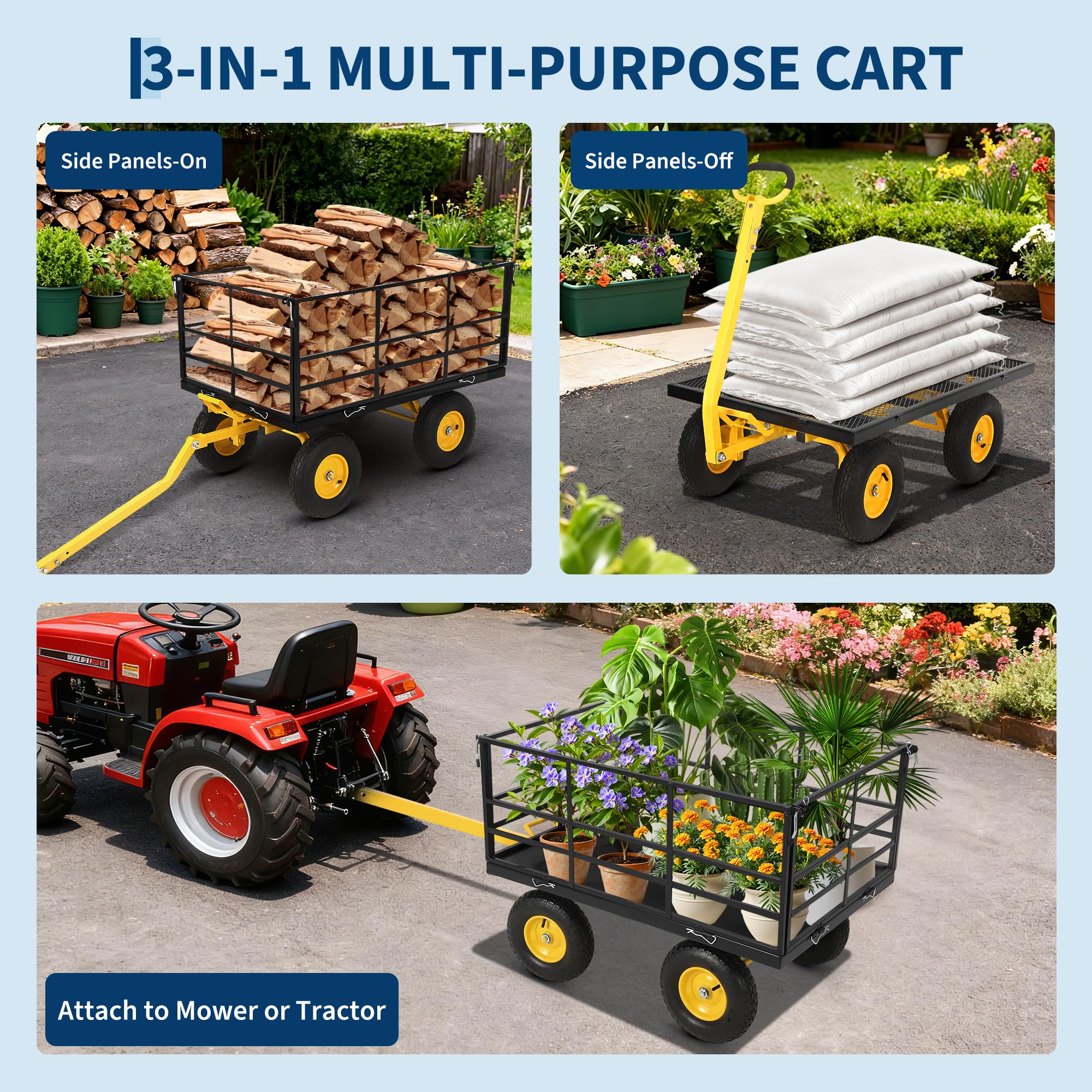 Heavy Duty 1500 Lbs Capacity Mesh Steel Garden Cart Folding Utility Wagon with Removable Sides, Garden Cart on Wheels for Gardening Soil, Tools, and Plant Transport