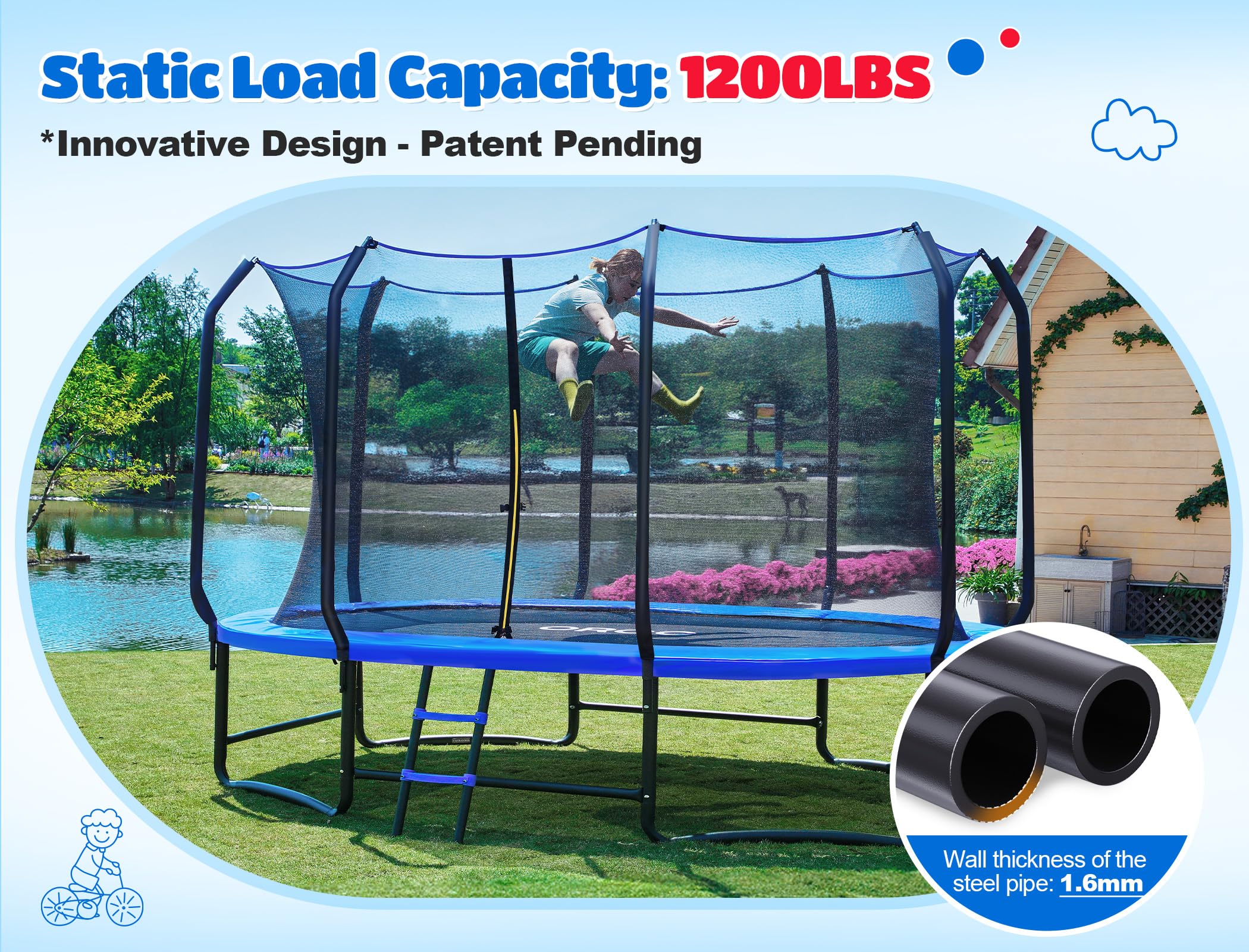 ORCC 8x13FT Oval Trampoline - Heavy Duty Kids & Gymnastics Trampoline with Reinforced Locking Bar, Outdoor Trampolines with Enclosure Net for Kids