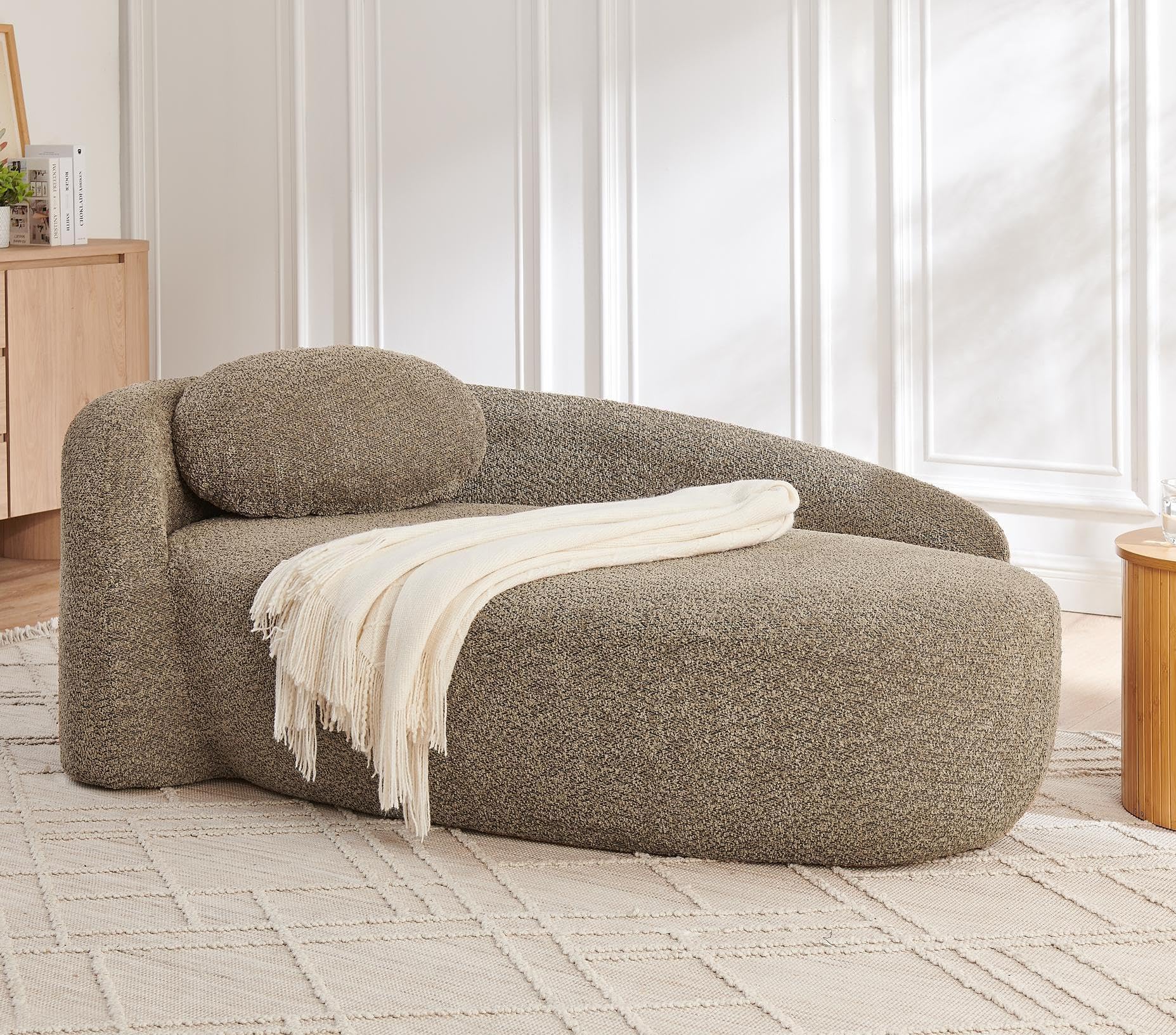 KEIKI 67" L Boucle Chaise Lounge Sofa Chair Indoor with Backrest, Armrest & Pillow, Oval Upholstered Single Lounger Sleeper Chair, Modern Reading Lazy Cloud Sofa Bed Recliner for Living Room Bedroom