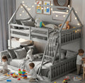 KOMFOTT Wood Twin Over Full House Bunk Bed with Built in Ladder, Solid Pine Wood Bunk Bed Frame with Safety Guardrails, House Bunk Bed Frame for Kids, Teens, Juniors, No Box Spring Needed (Grey)