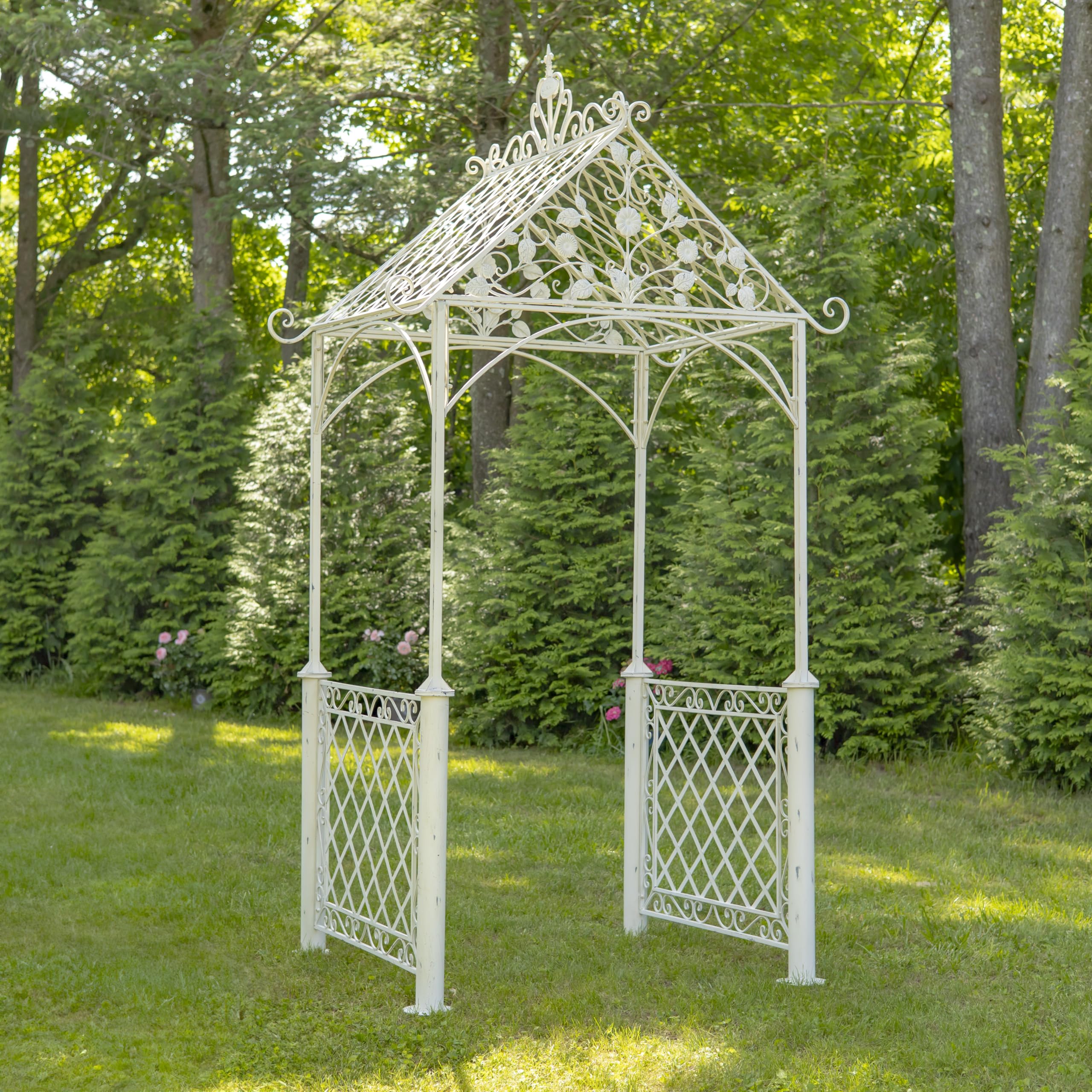9.5ft T Iron Garden Arch with Embellished Trellis London 1820" (Antique White)