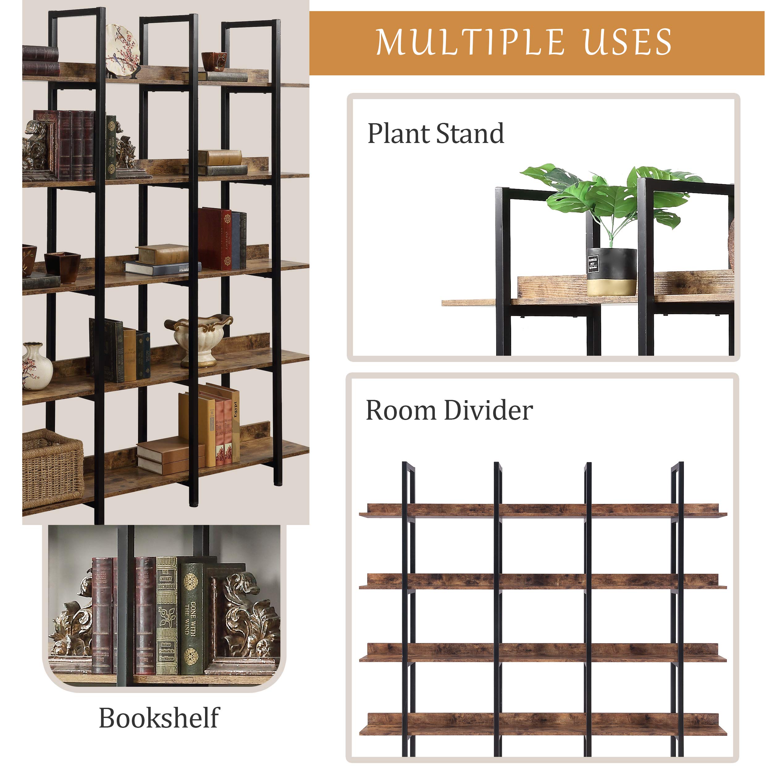 5-Tier Bookcase, Tall Industrial Bookshelf for Home Office, Storage Organizer with Metal Frame, Brown