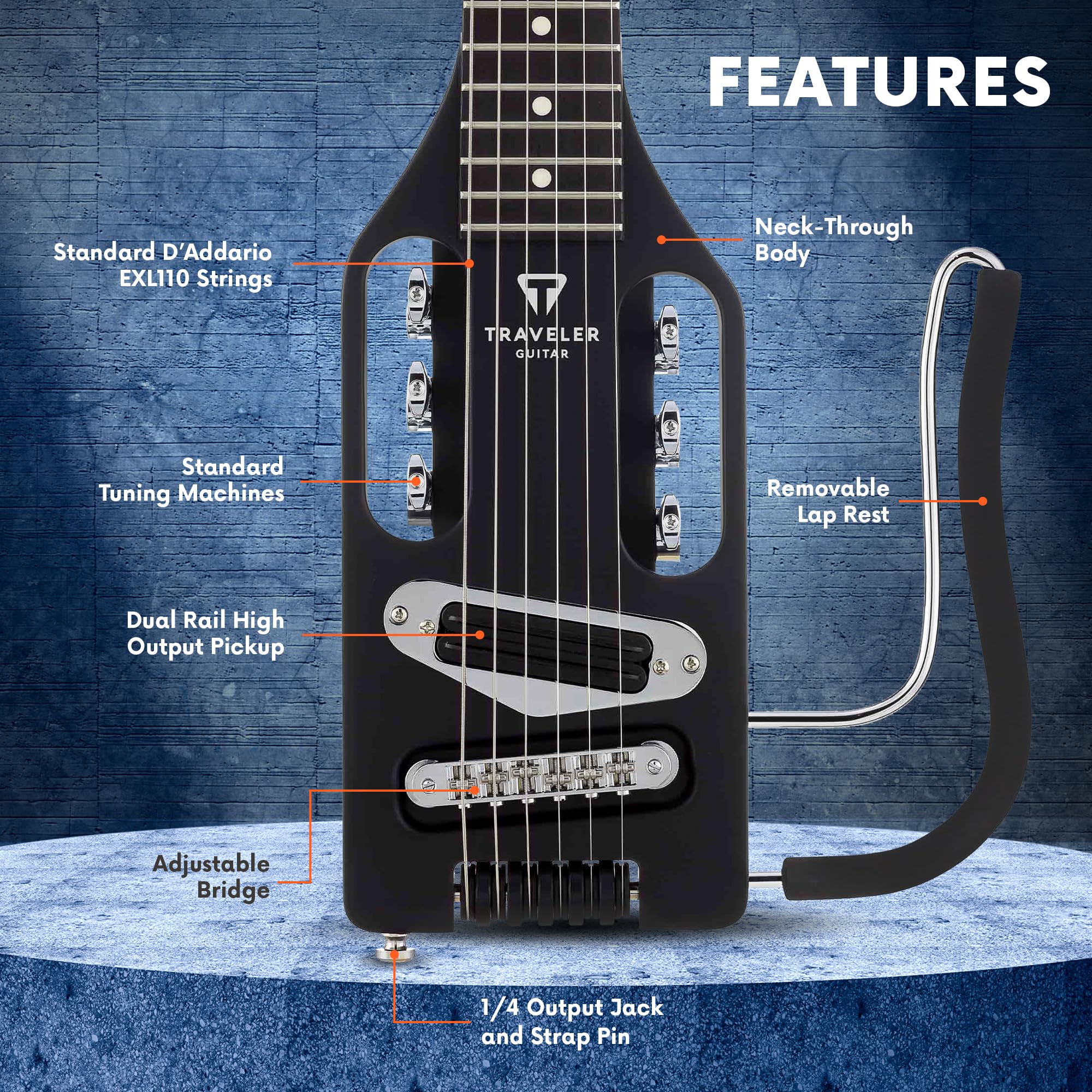 Traveler Guitar Ultra-Light Electric Guitar Matte Black | Portable Electric with Removable Lap Rest | Full 24 3/4" Scale Headless Guitar | Custom Gig Bag Included