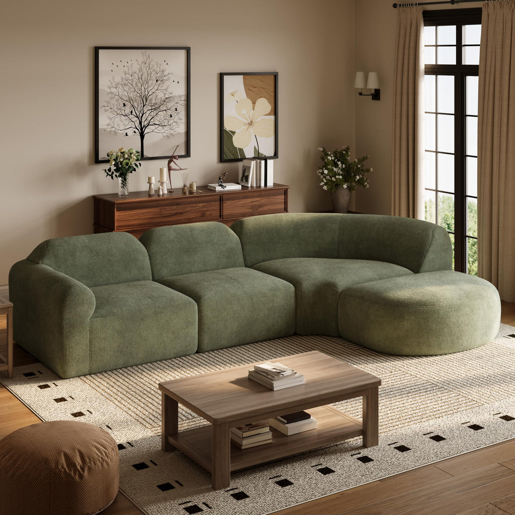Christopher Knight Home Midel 111" Modular L-Shape Sofa Couch with Chaise Lounge, Modern Boneless Sofa for Living Room, Fabric Upholstered Cloud Couch with Deep Seat, Olive Green