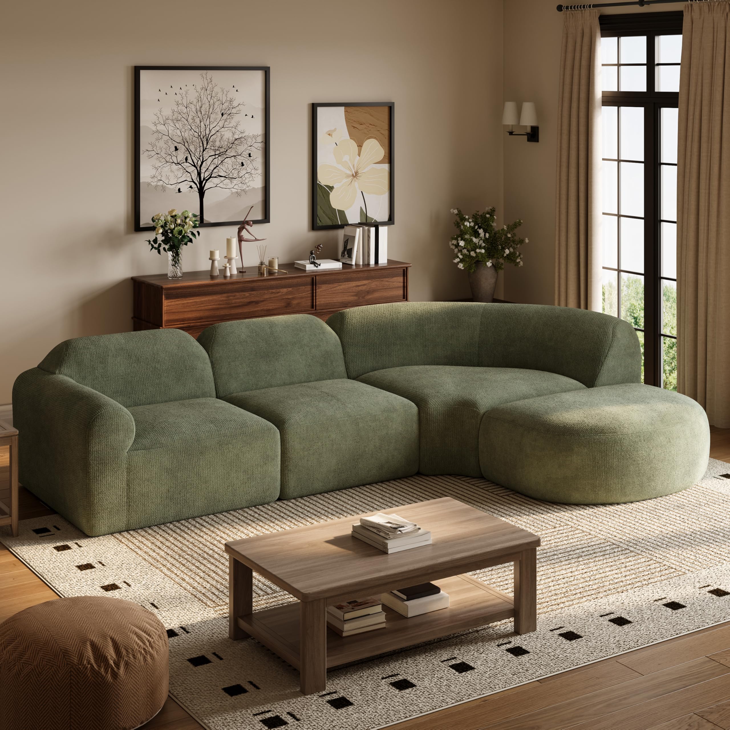 Christopher Knight Home Midel 111" Modular L-Shape Sofa Couch with Chaise Lounge, Modern Boneless Sofa for Living Room, Fabric Upholstered Cloud Couch with Deep Seat, Olive Green