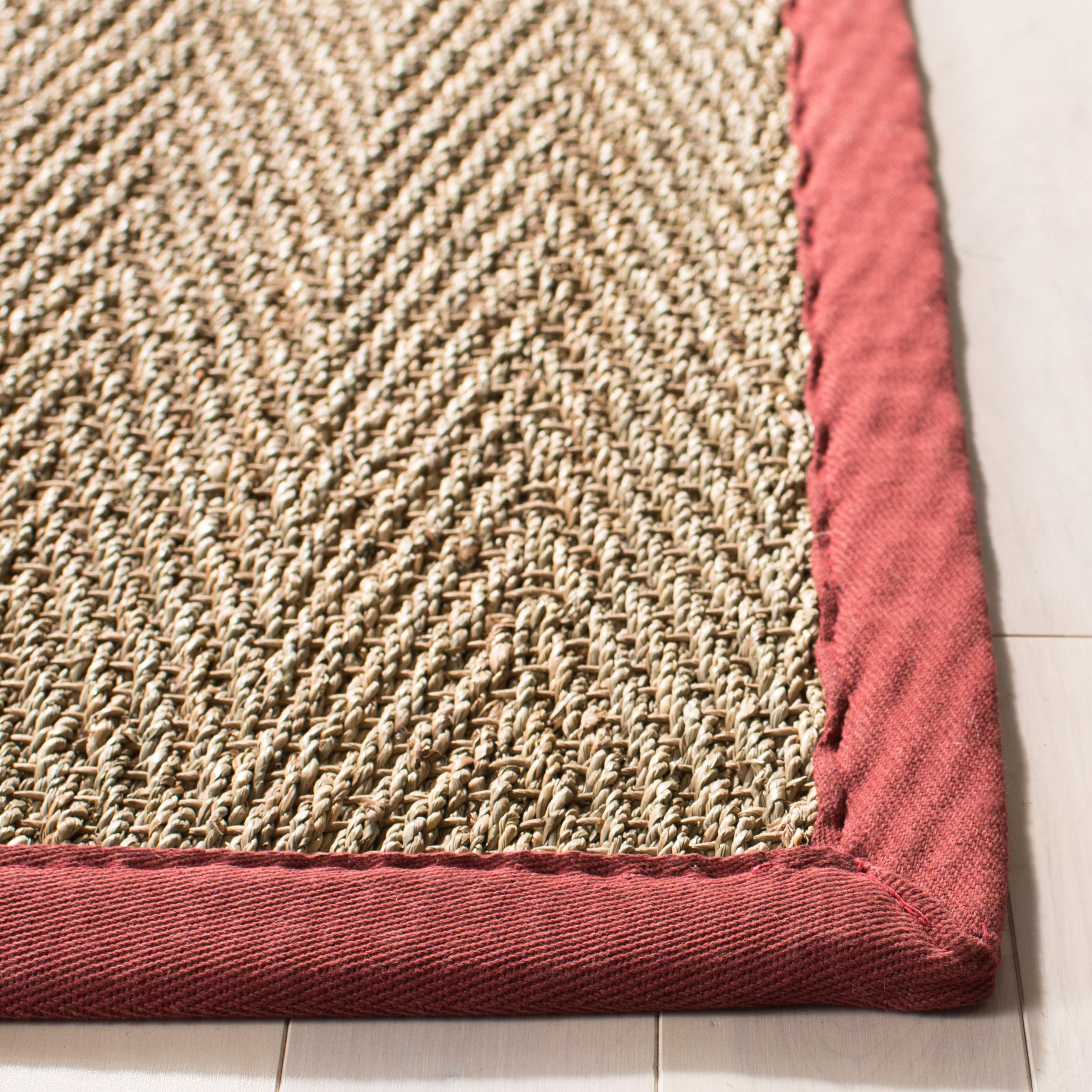 SAFAVIEH Area Rug 9x12 - Natural Fiber Collection - Large - Natural & Red, Seagrass, Herringbone Pattern with Border (NF115D)