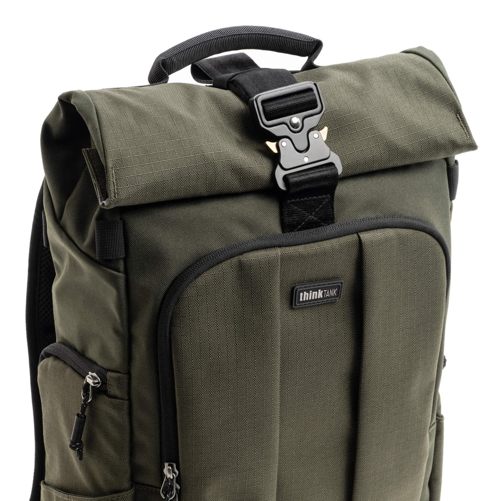 Think Tank FocusPoint 30L RollTop Camera Backpack - Greenway: Expandable Travel & Camera Backpack with Laptop Sleeve, Quick Side and Back Access, Rain Cover – Versatile Photography & Travel Bag