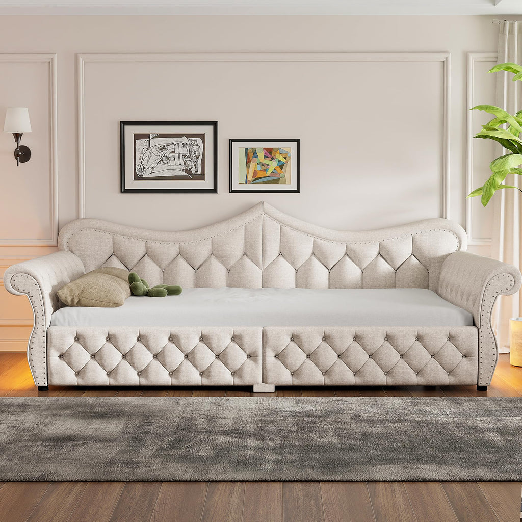Merax Queen Size Upholstered Daybed with LED Lights, Convertible Sofa Bed, Tufted Daybed with Nailhead Trim, Wooden Frame Guest Bed for Living Room Bedroom, Beige