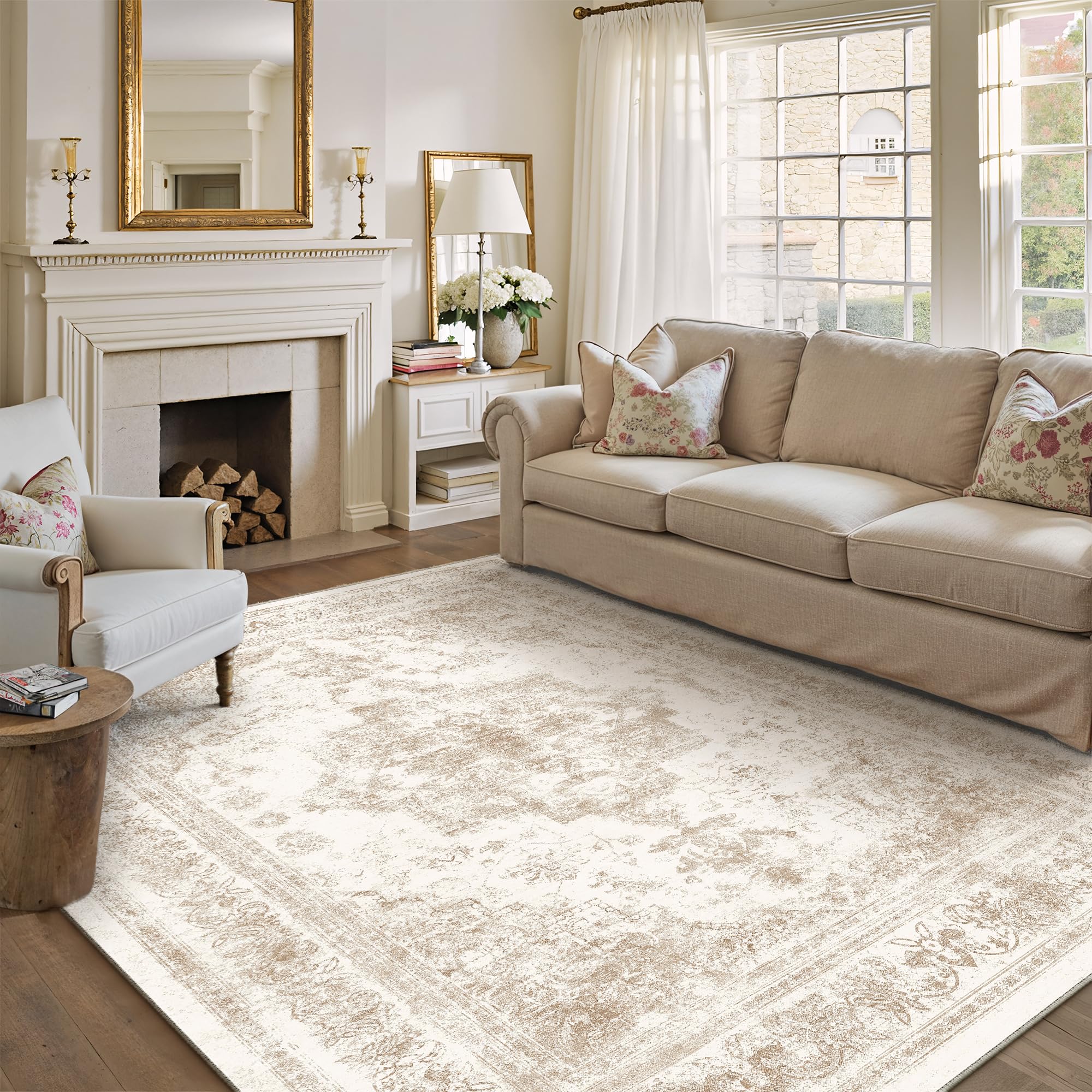 PureCozy Area Rug 10x14 Cream Washable Living Room Beige Carpet Non Slip Vintage Medallion Indoor Bedroom Beige Carpet Low Pile Soft Retro Distressed Large Rug Home Office Dining Room Playroom