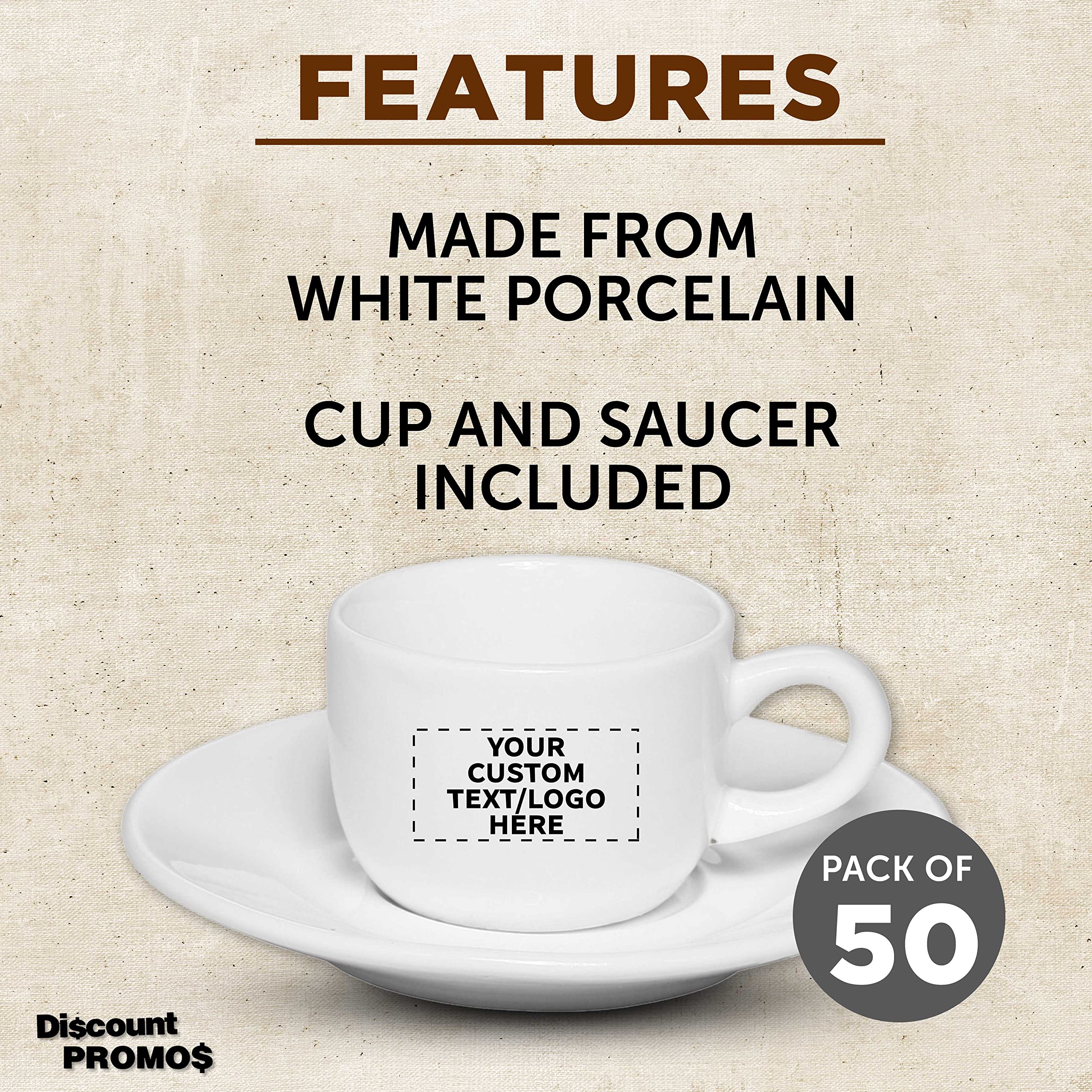 Custom Porcelain Espresso Cups with Saucer 2.5 oz. Set of 50, Personalized Bulk Pack - Perfect for Coffee, Tea, Espresso, Hot Cocoa, Other Beverages - White