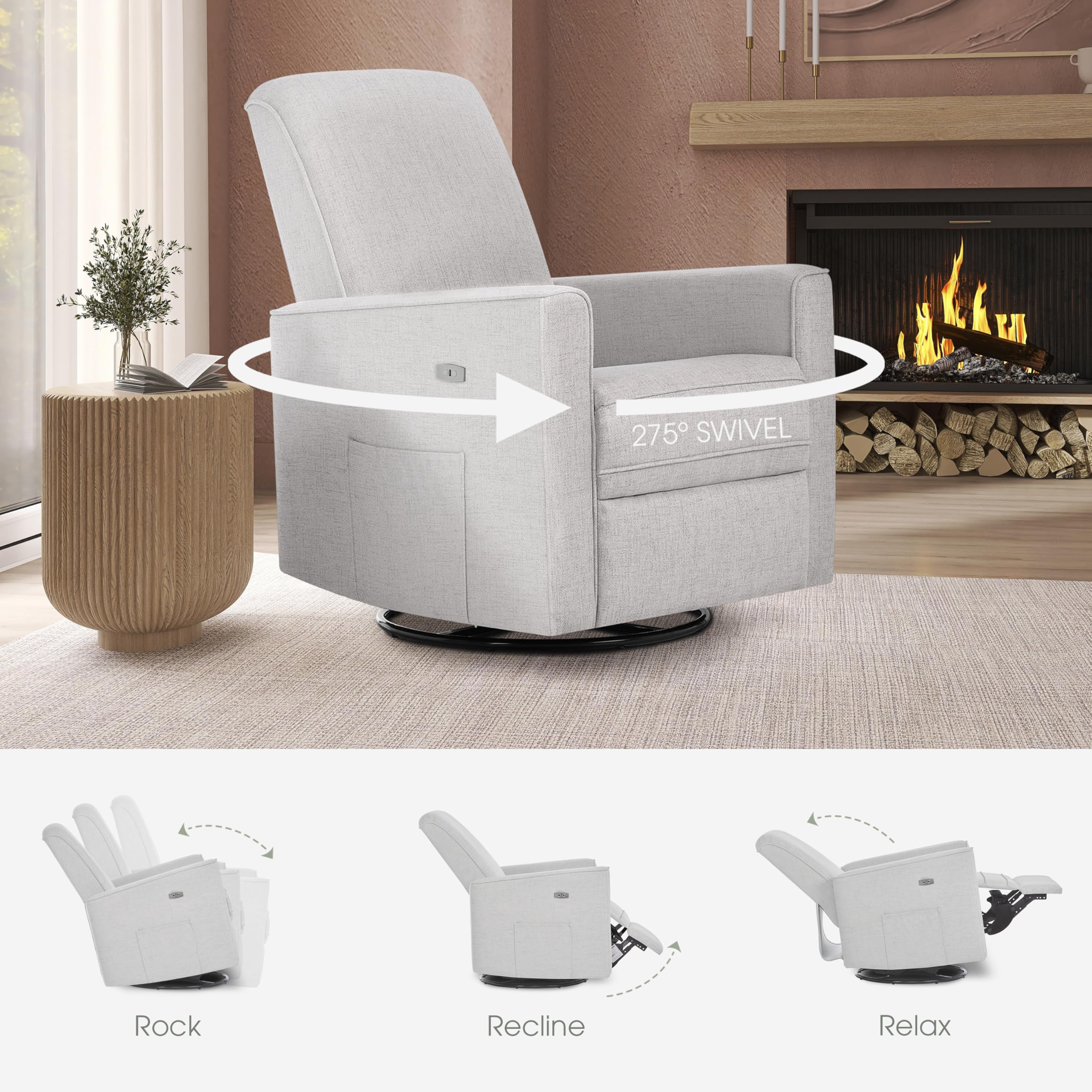 Evolur Harlow Upholstered Power Glider Recliner with USB Charging – Rocking & 275° Swivel with Smooth Glide – Greenguard Gold & FSC Certified – Modern Nursery and Living Room Chair in Fog