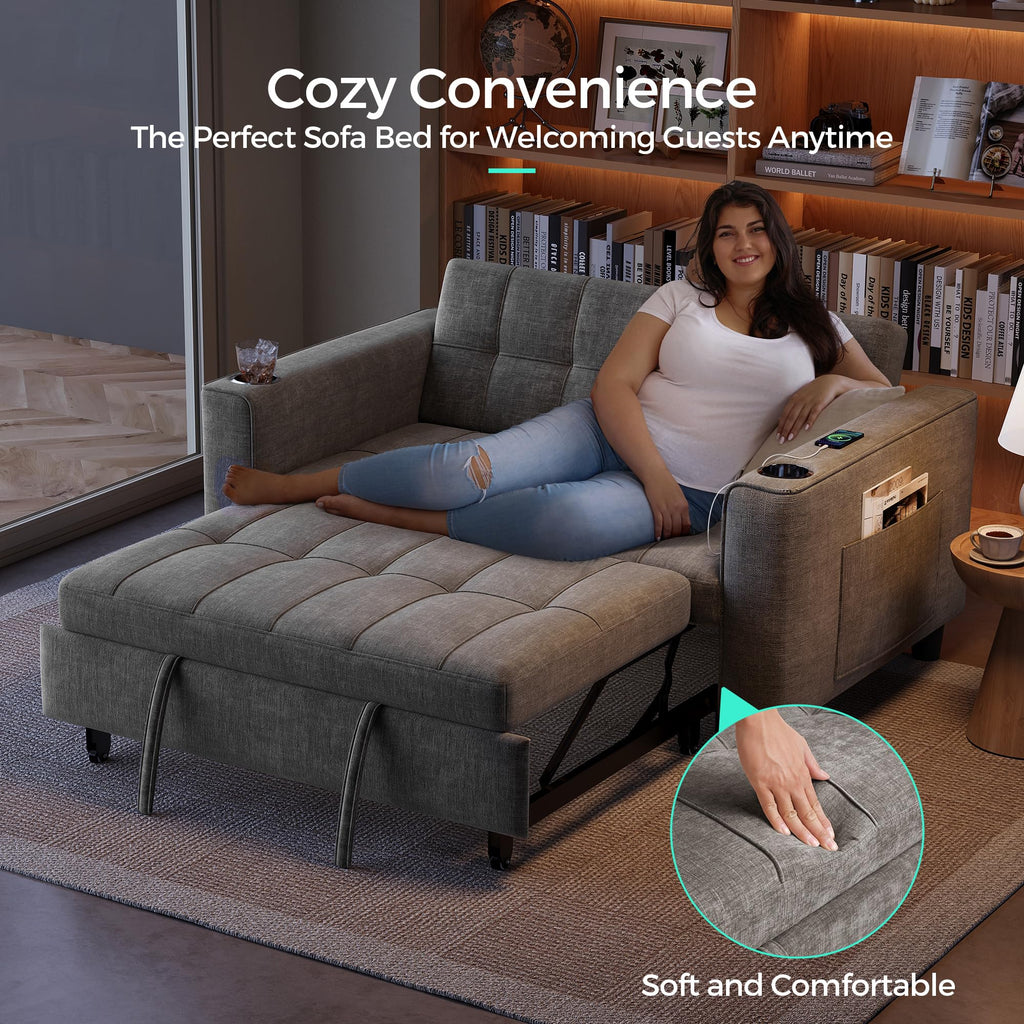 LINSY 54" Pull Out Couch with Charging Station, Small Sleeper Sofa Bed with Cup Holder, 3 in 1 Convertible Loveseat Sleeper Couch for Apartment, Dorm Room, Bedroom and Small Space, Gray