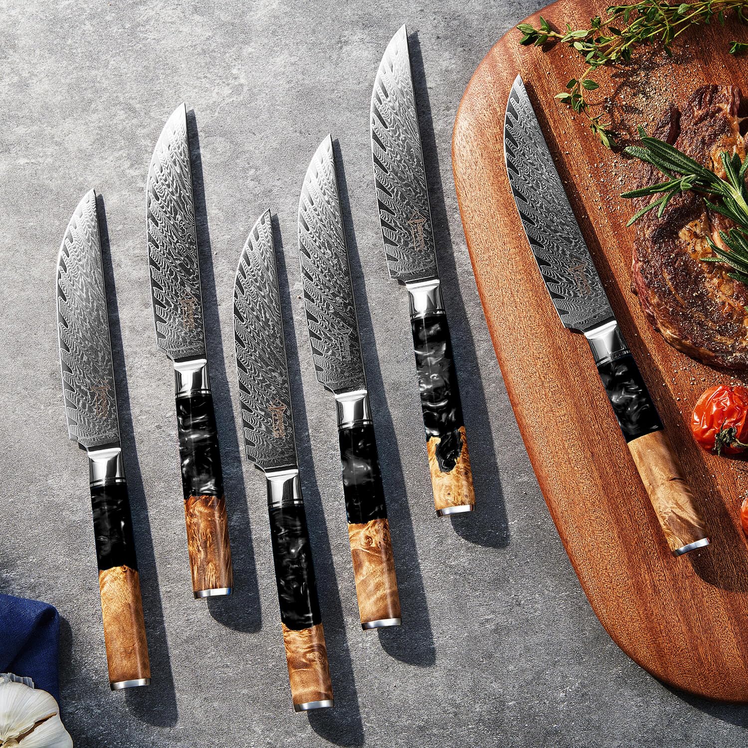 SENKEN Damascus Steak Knife Set - Black Tsunami Collection - 67-Layer Japanese VG10 Steel - Razor Sharp Non-Serrated Blades, Black Resin & Burl Wood Handles, Luxury Gift Box