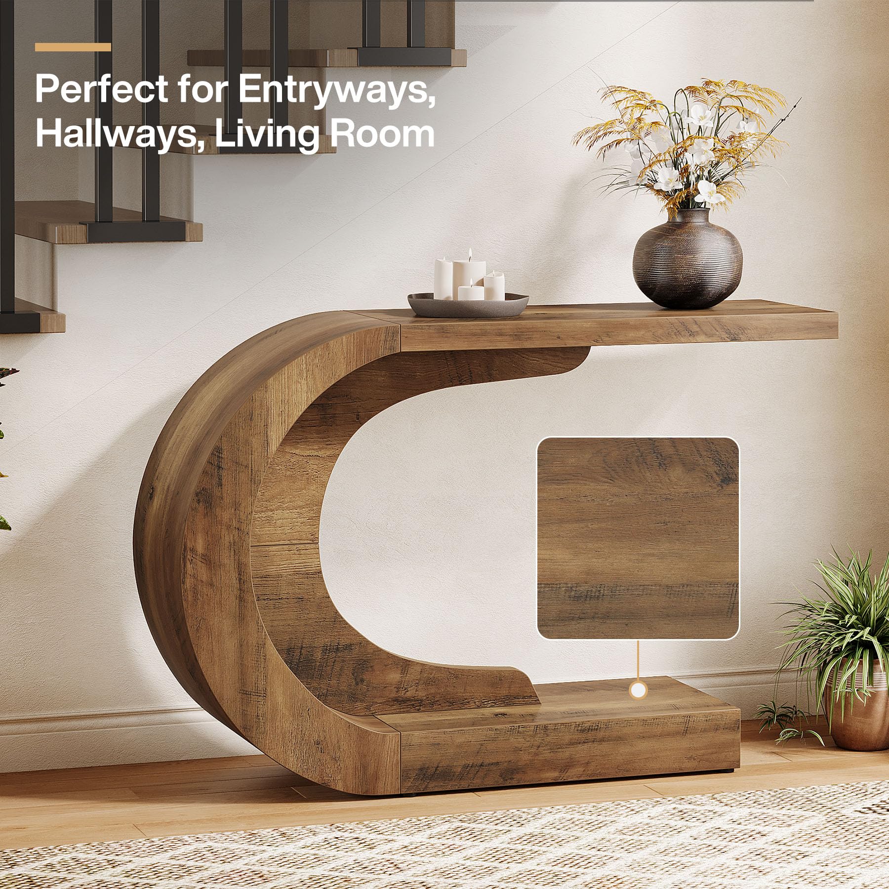 Tribesigns 43.3" Mid-Century Modern Console Table for Entryway, Wood C-Shaped Hallway Entry Accent Table for Living Room, Entrance, Foyer, Easy Assembly, Brown