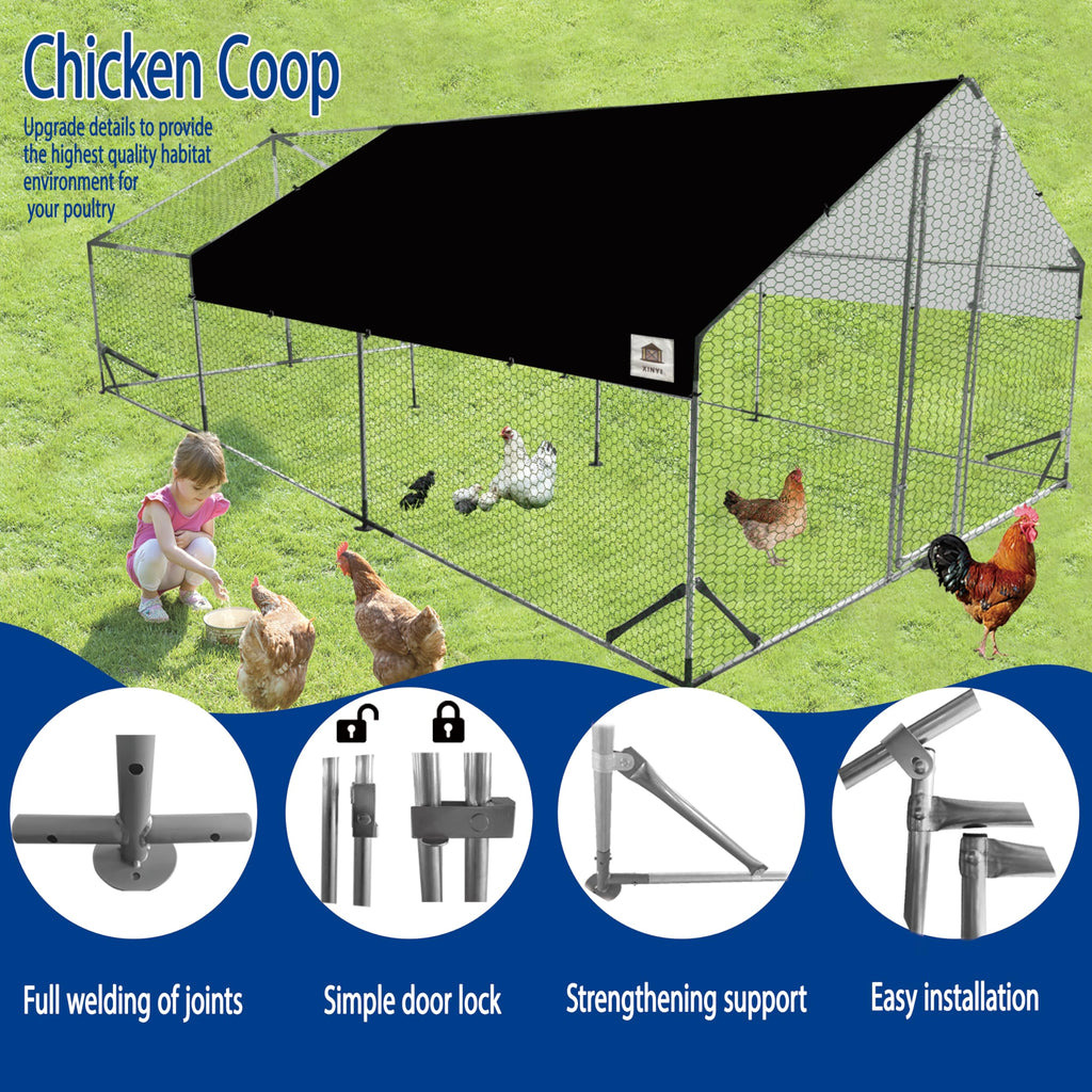 Chicken Runs for Yard with Cover, Metal Chicken Coop, Upgraded Anti-UV 180g/㎡ PE Cloth & 1.1mm Thickened PVC-Coated Hexagonal Chicken Wire Mesh & More Galvanized Steel Standpipes,19.7×9.8×6.4FT
