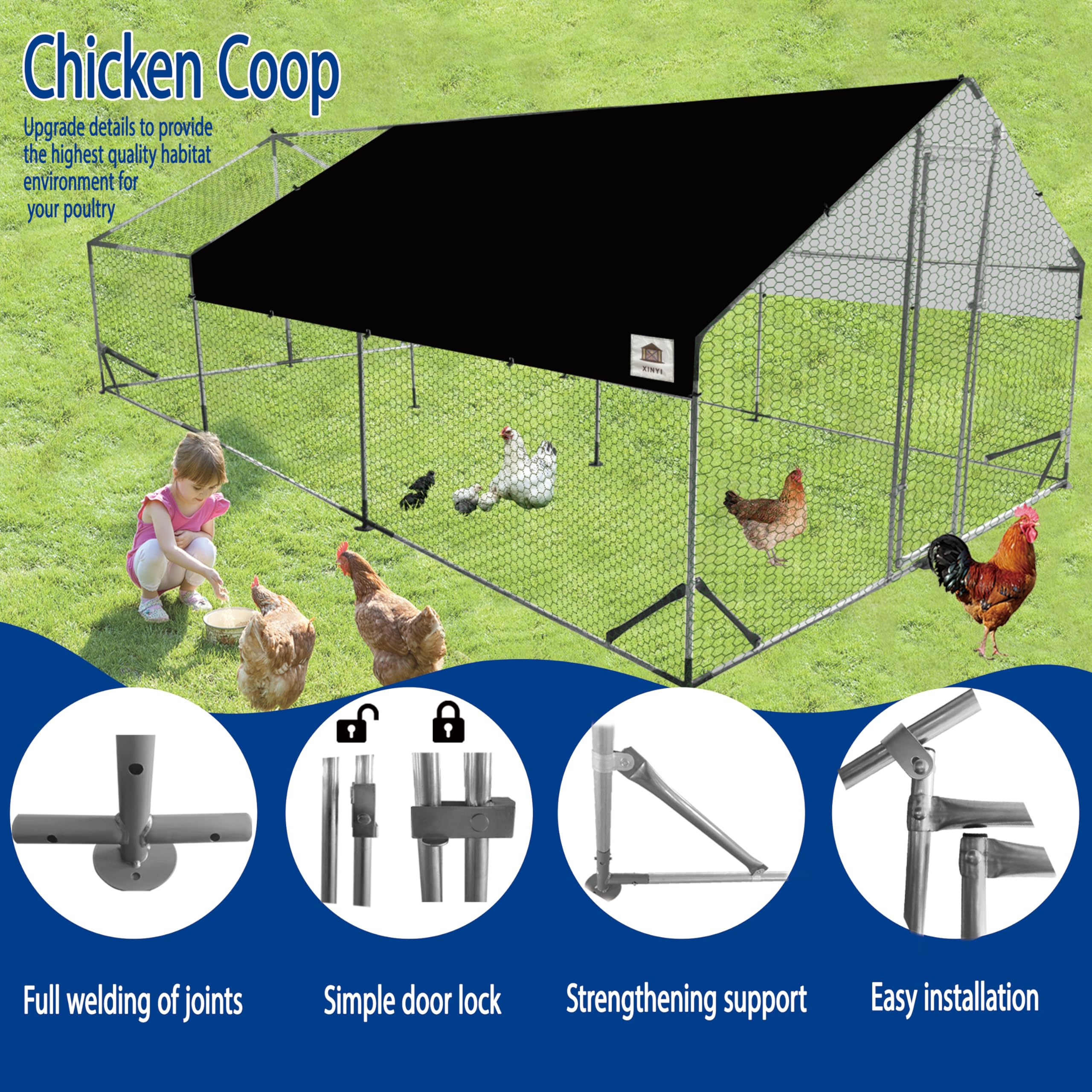 Chicken Runs for Yard with Cover, Metal Chicken Coop, Upgraded Anti-UV 180g/㎡ PE Cloth & 1.1mm Thickened PVC-Coated Hexagonal Chicken Wire Mesh & More Galvanized Steel Standpipes,19.7×9.8×6.4FT